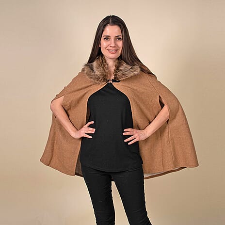 TAMSY Faux Fur Collar Cape (Size 130x75 Cm) - Camel
