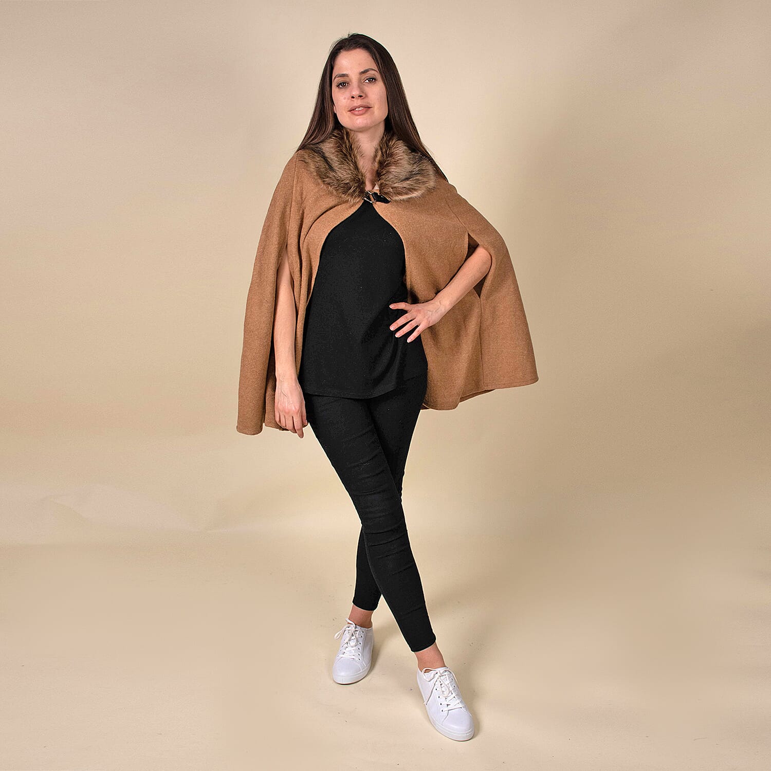 TAMSY Faux Fur Collar Cape (Size 130x75 Cm) - Camel
