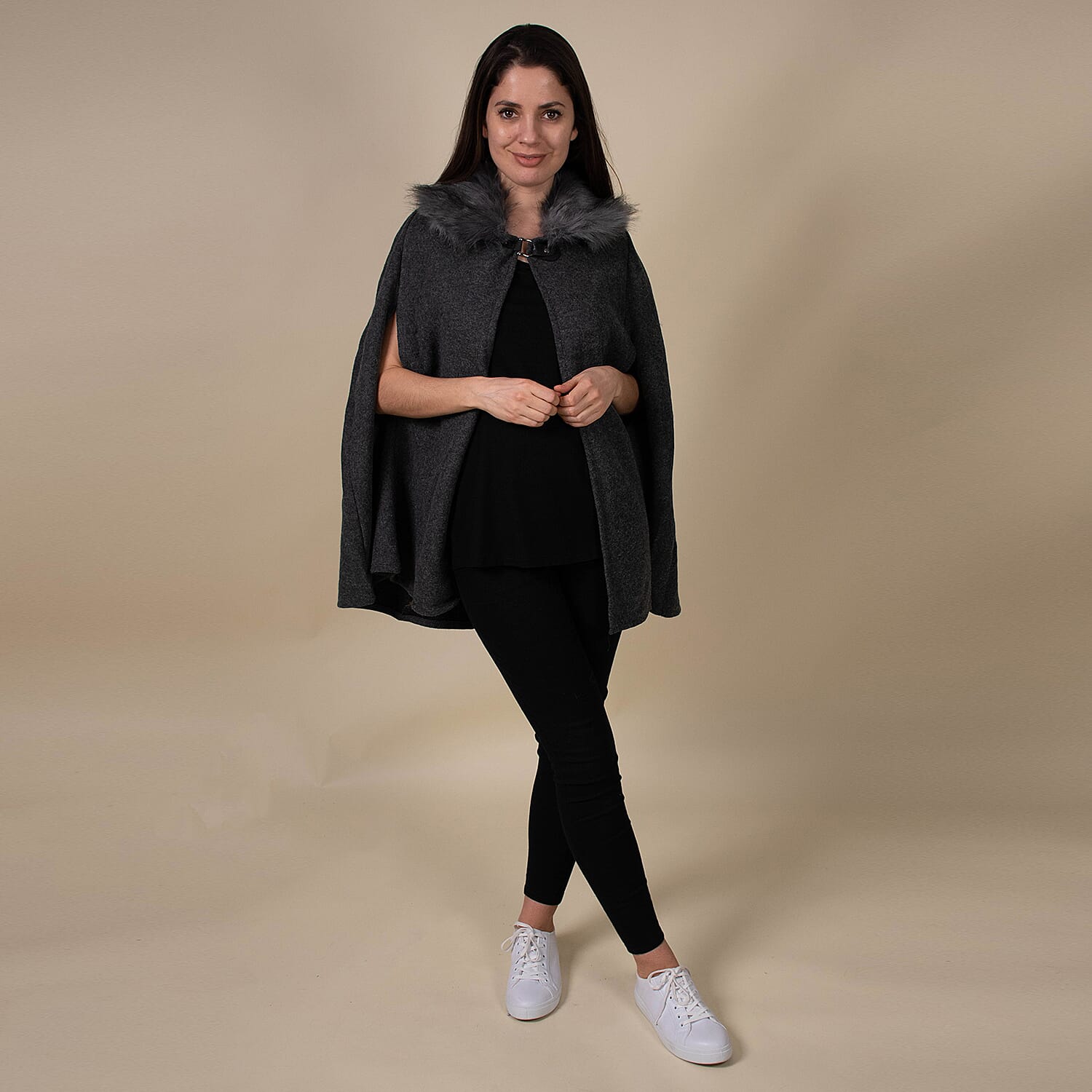 TAMSY Faux Fur Collar Cape (Size 130x75 Cm) - Dark Grey