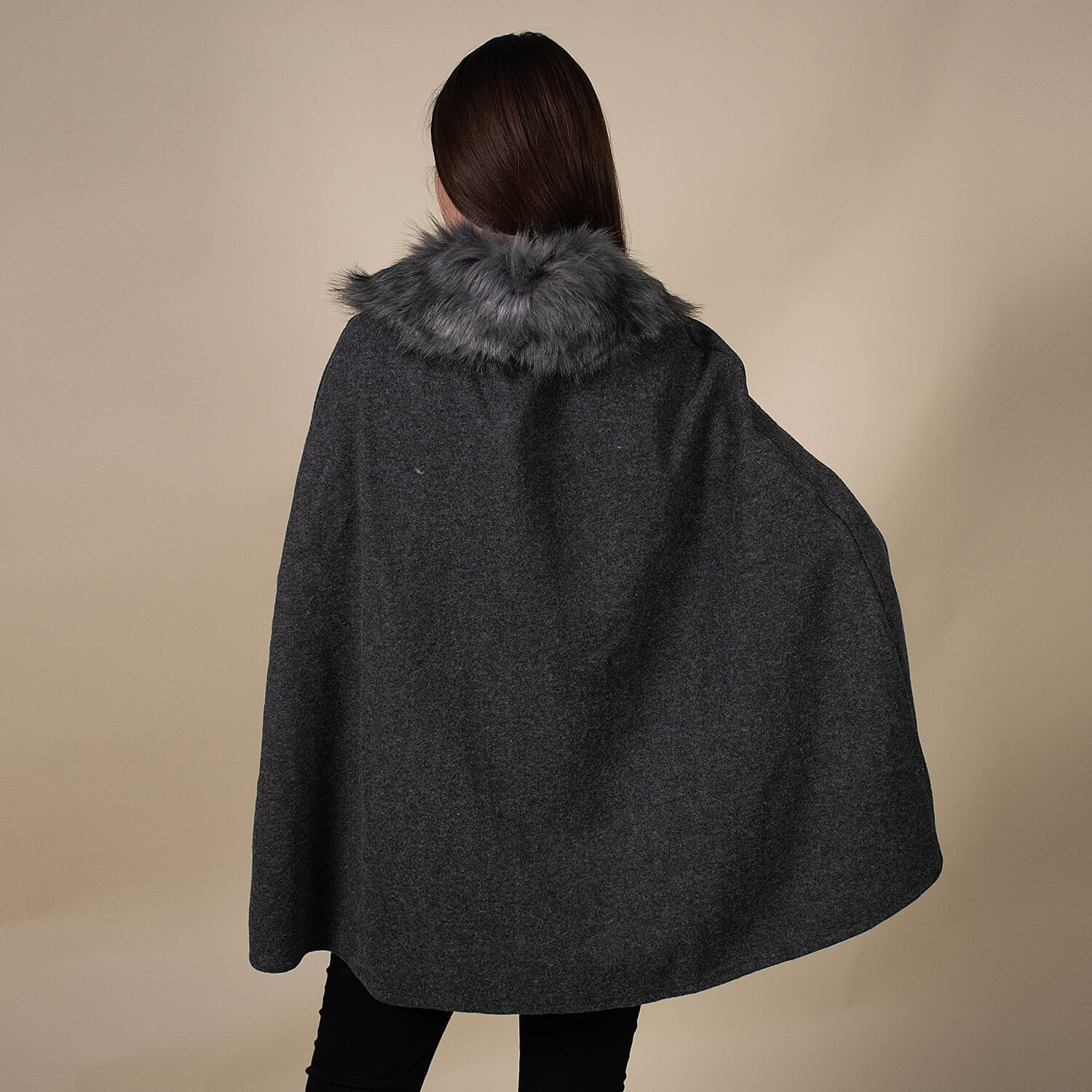 TAMSY Faux Fur Collar Cape (Size 130x75 Cm) - Dark Grey