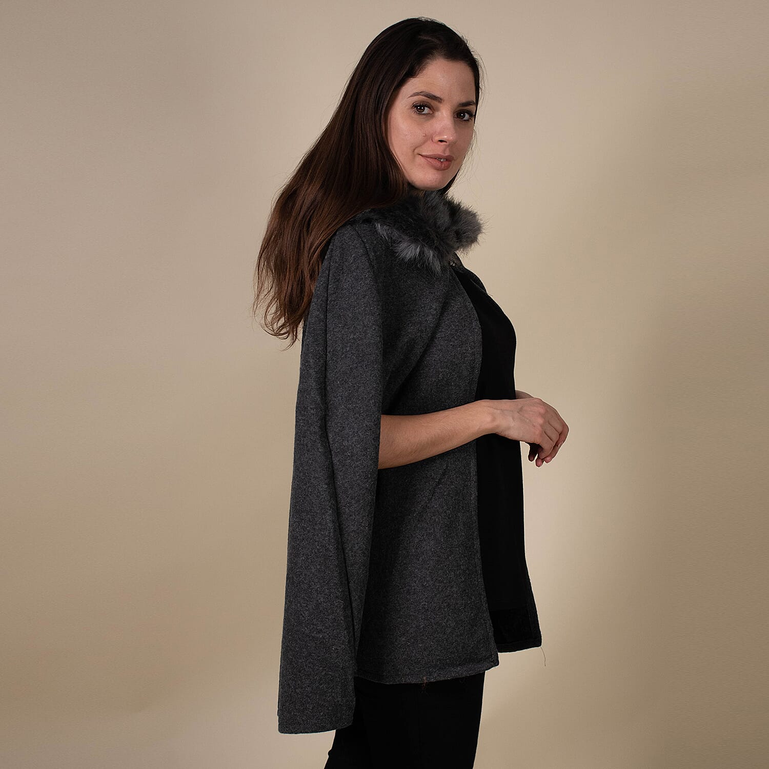TAMSY Faux Fur Collar Cape (Size 130x75 Cm) - Dark Grey