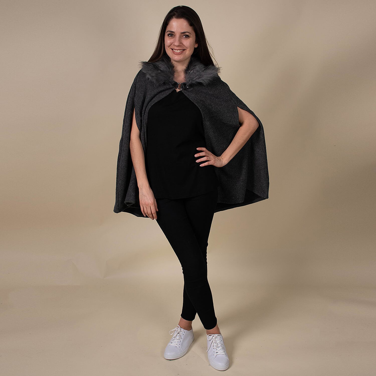 TAMSY Faux Fur Collar Cape (Size 130x75 Cm) - Dark Grey