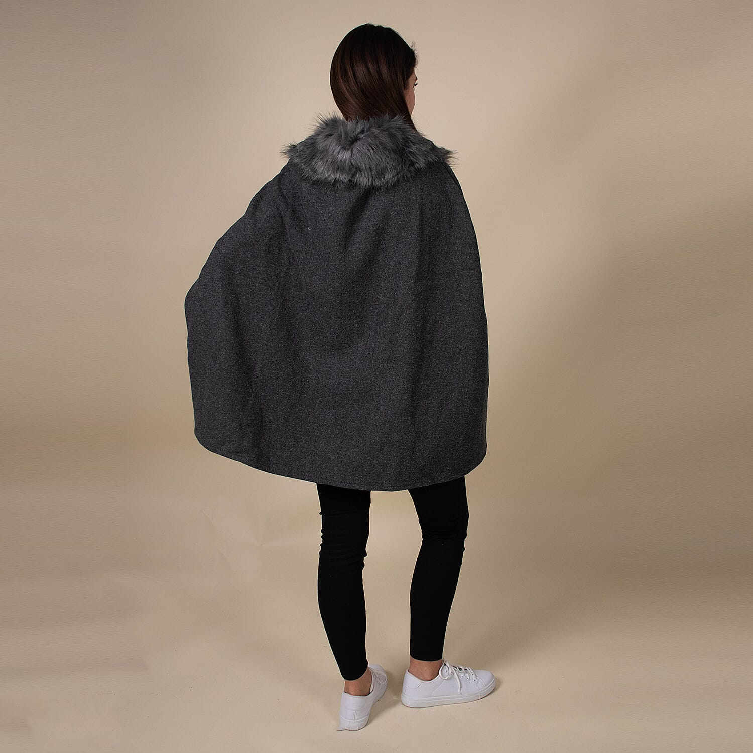 TAMSY Faux Fur Collar Cape (Size 130x75 Cm) - Dark Grey