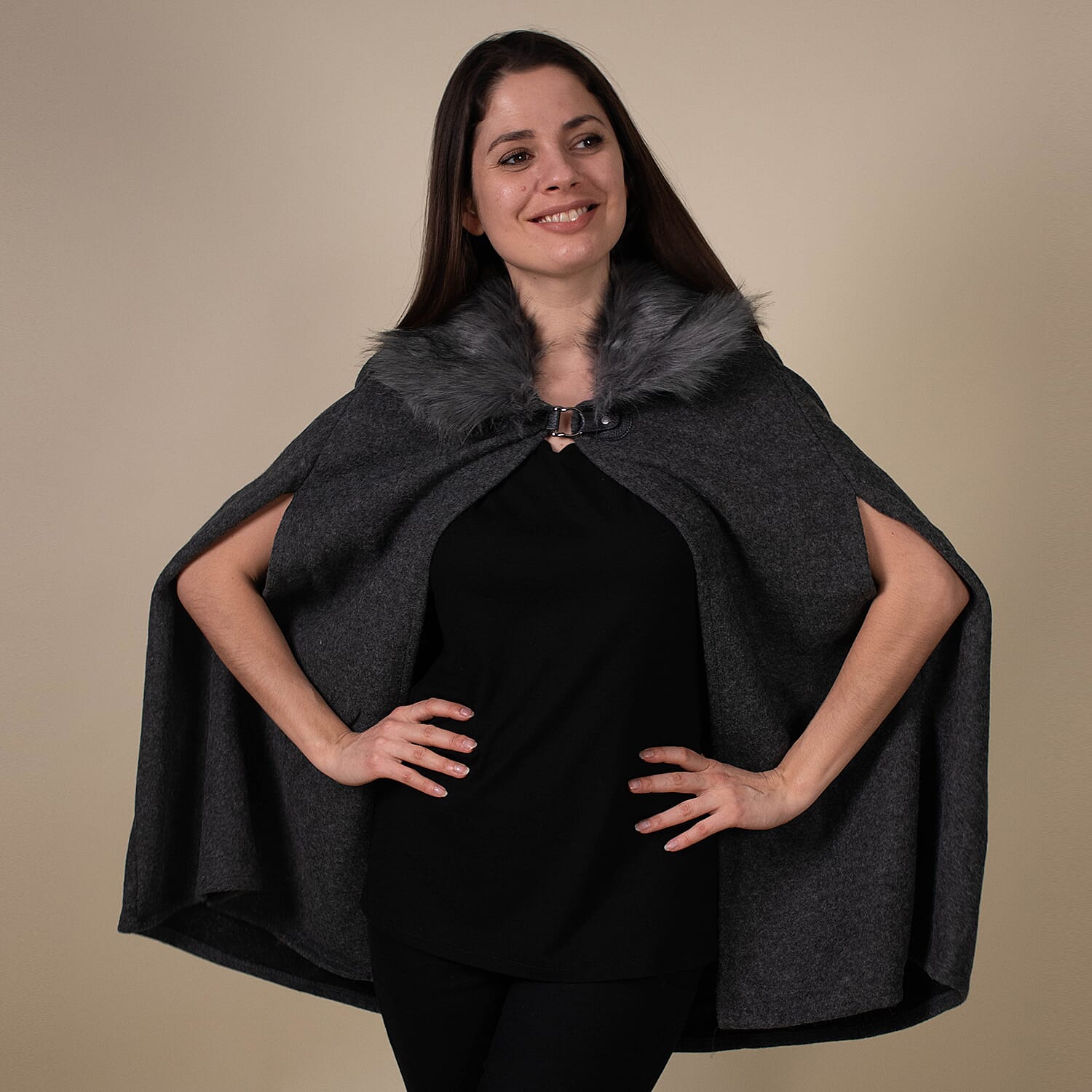 TAMSY Faux Fur Collar Cape (Size 130x75 Cm) - Dark Grey