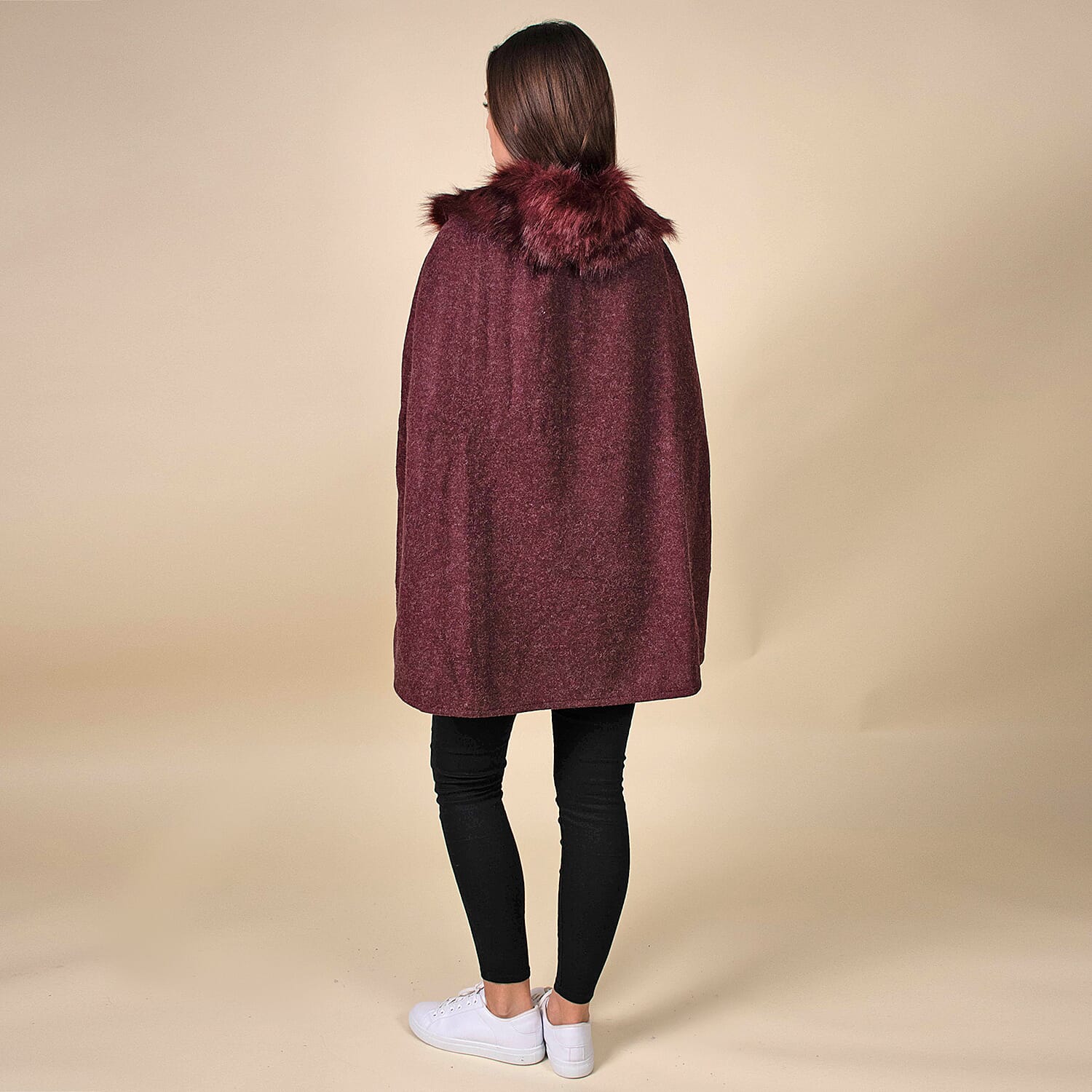 TAMSY Faux Fur Collar Cape- Burgundy