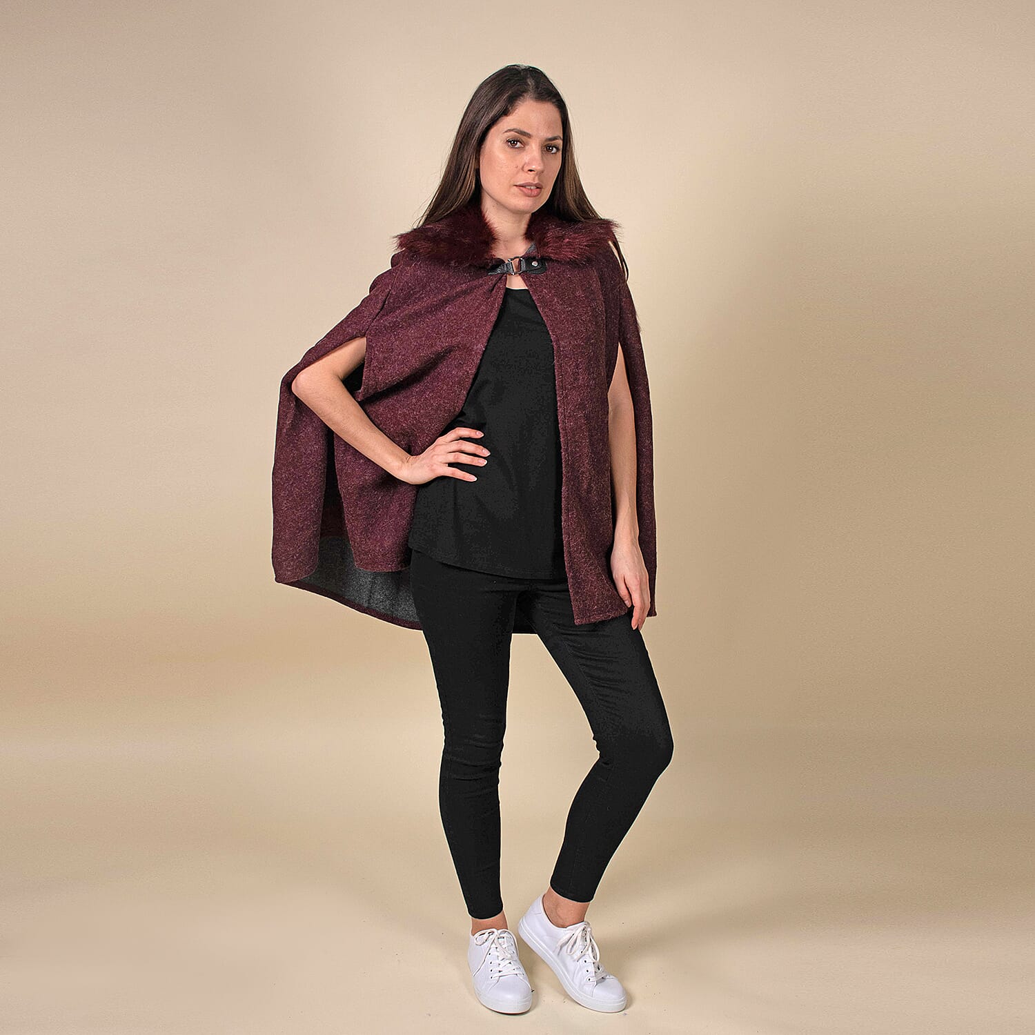 TAMSY Faux Fur Collar Cape- Burgundy