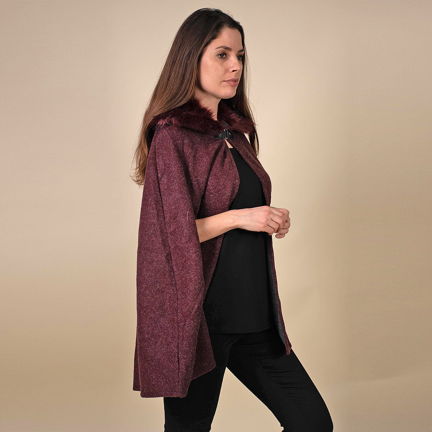 TAMSY Faux Fur Collar Cape- Burgundy