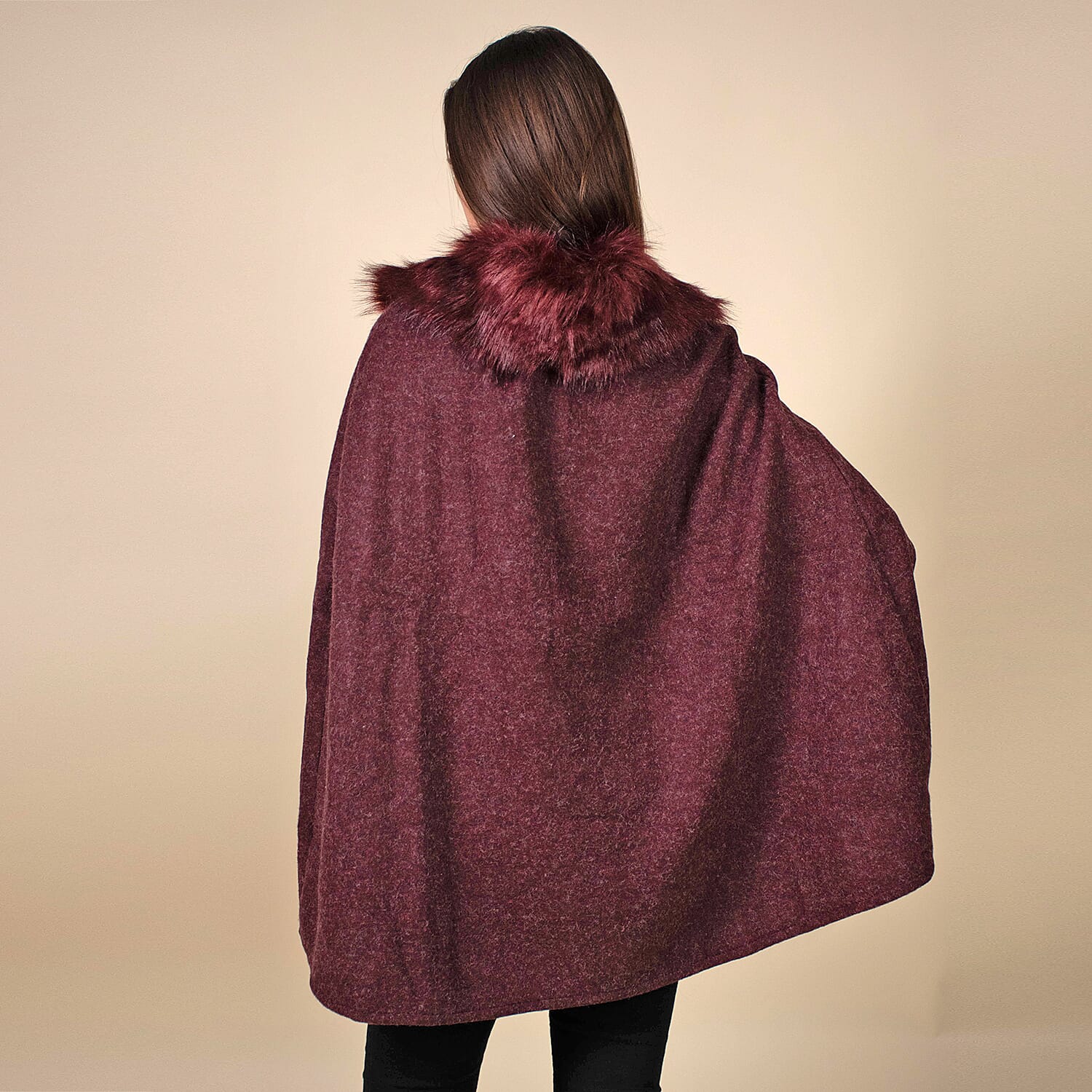 TAMSY Faux Fur Collar Cape- Burgundy