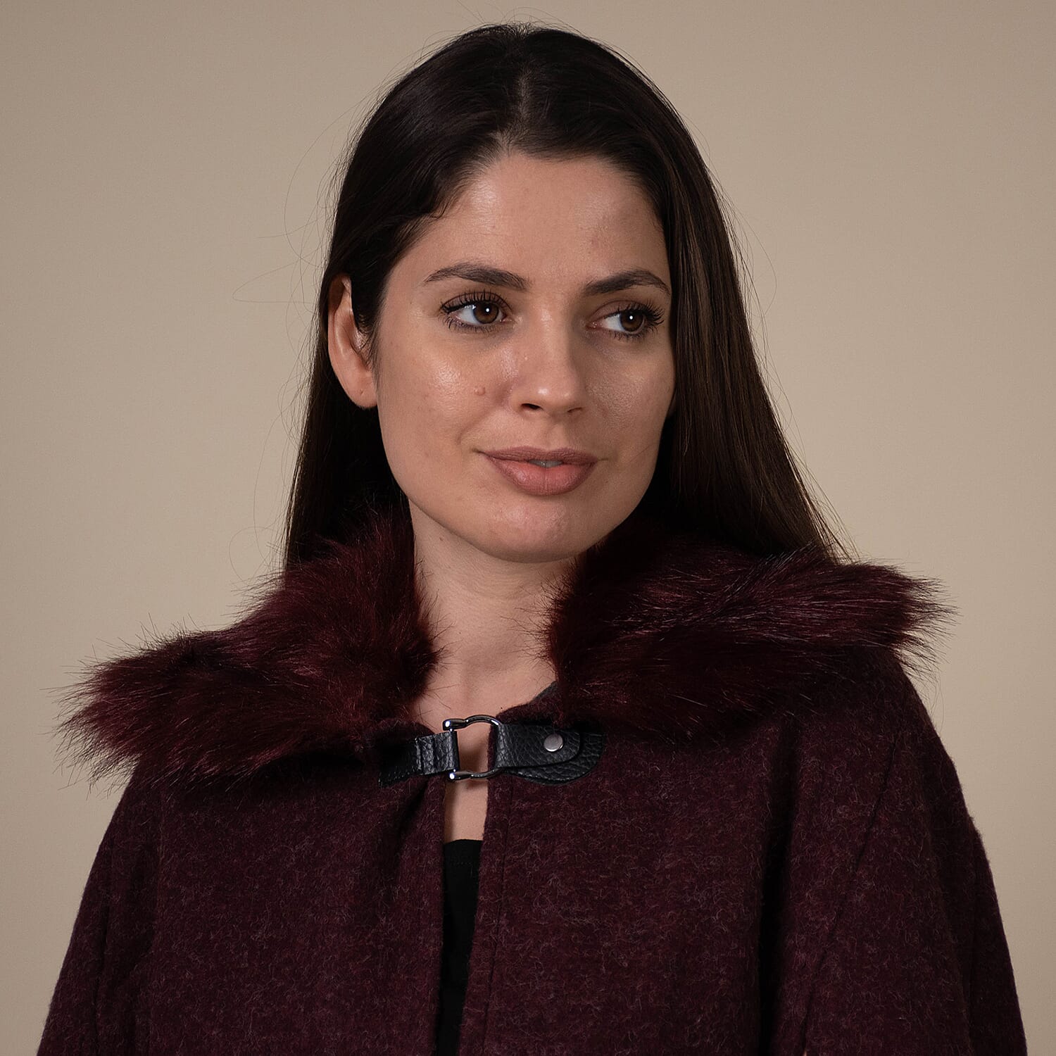 TAMSY Faux Fur Collar Cape- Burgundy