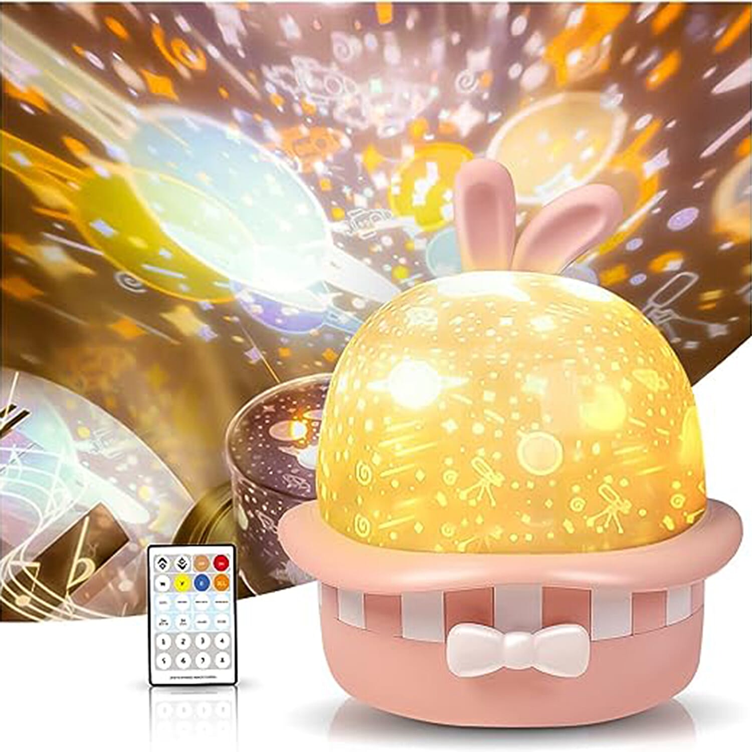Christmas Favourite- Rechargeable Magic Rabbit Projector Night Light with Rotating Projection Lamp Music with Remote Control &Timer Function (Pink)