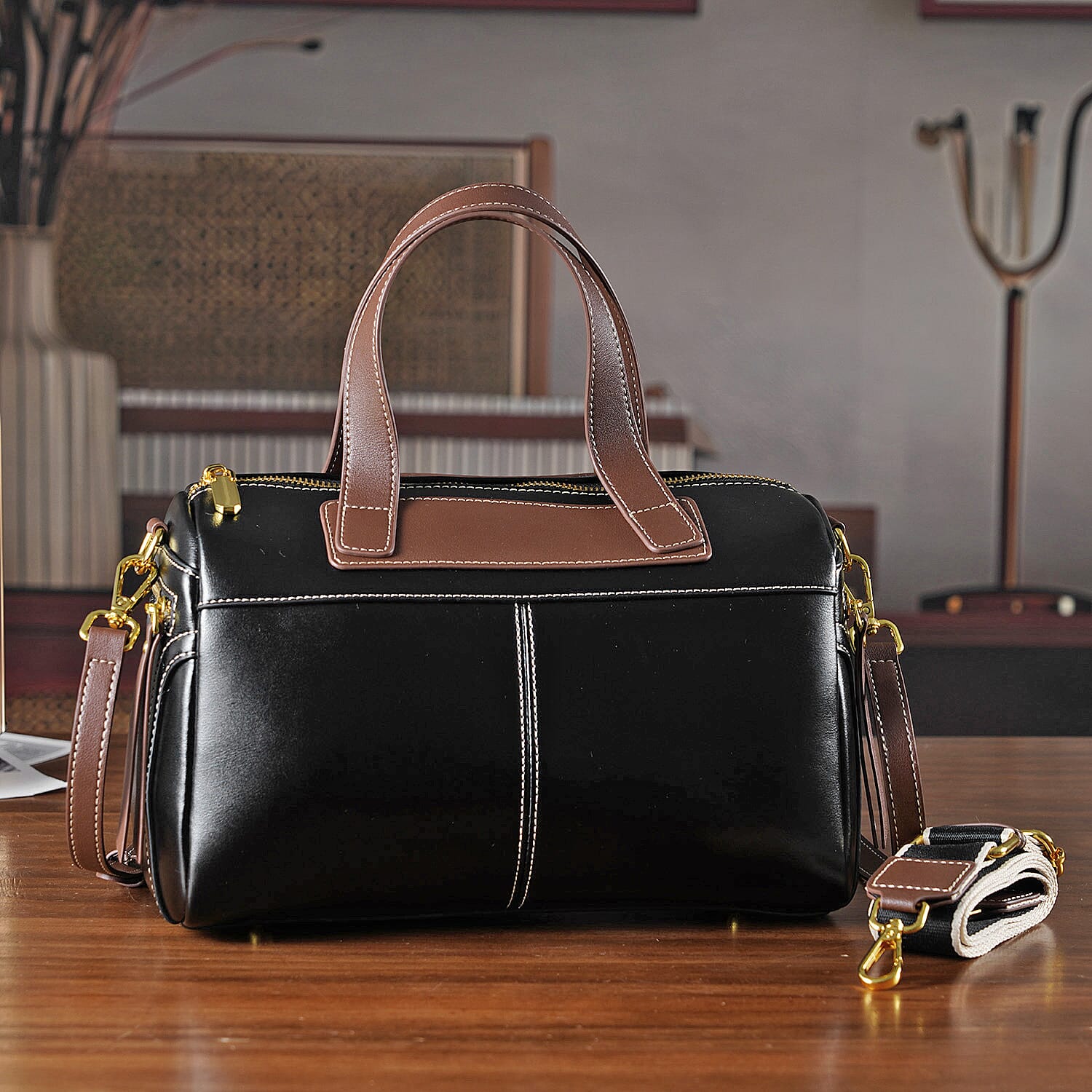 CLOSE OUT DEAL - 100% Genuine Leather Crossbody Bag with 2 Long Shoulder Straps - Black