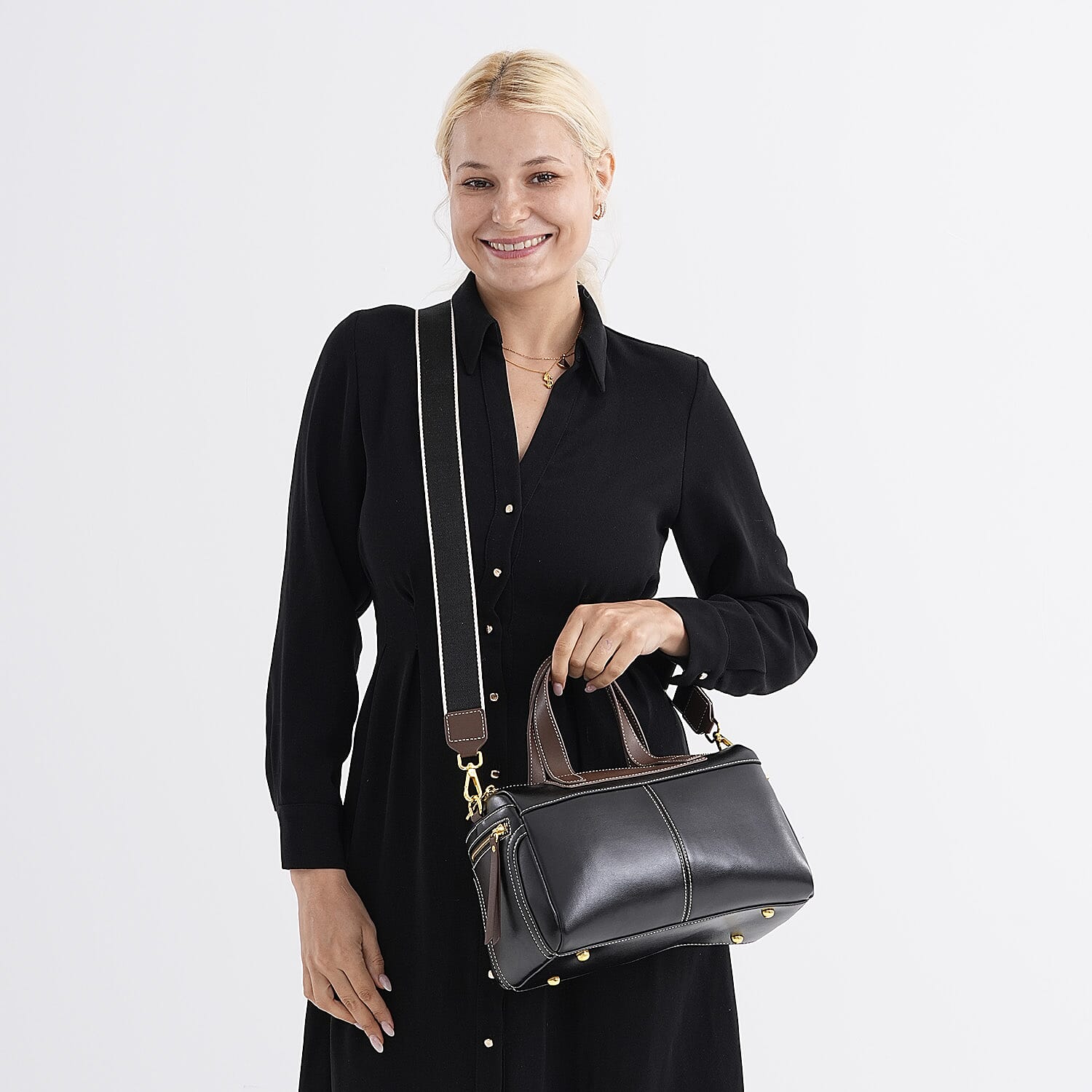 CLOSE OUT DEAL - 100% Genuine Leather Crossbody Bag with 2 Long Shoulder Straps - Black