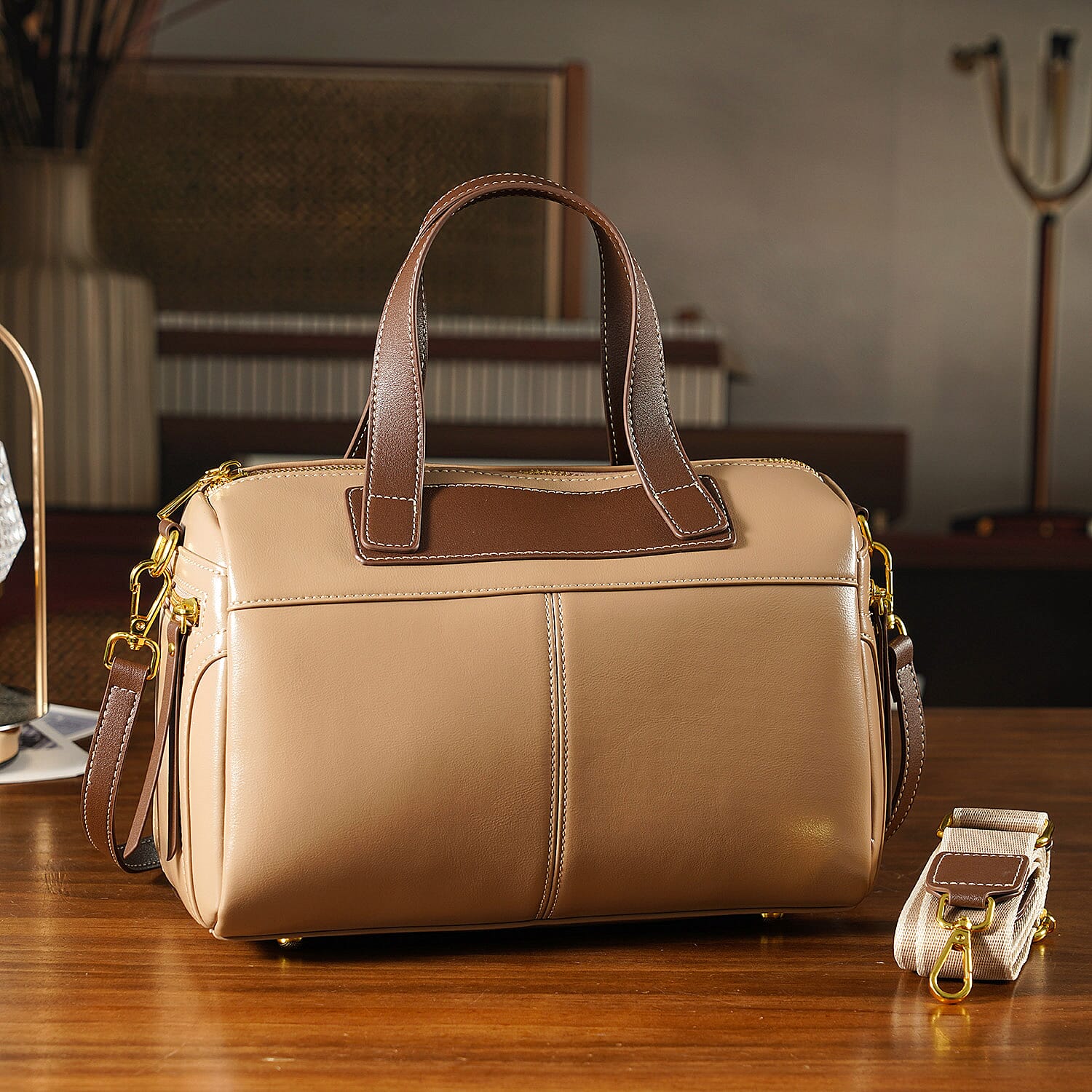 CLOSE OUT DEAL - 100% Genuine Leather Crossbody Bag with 2 Long Shoulder Straps - Khaki