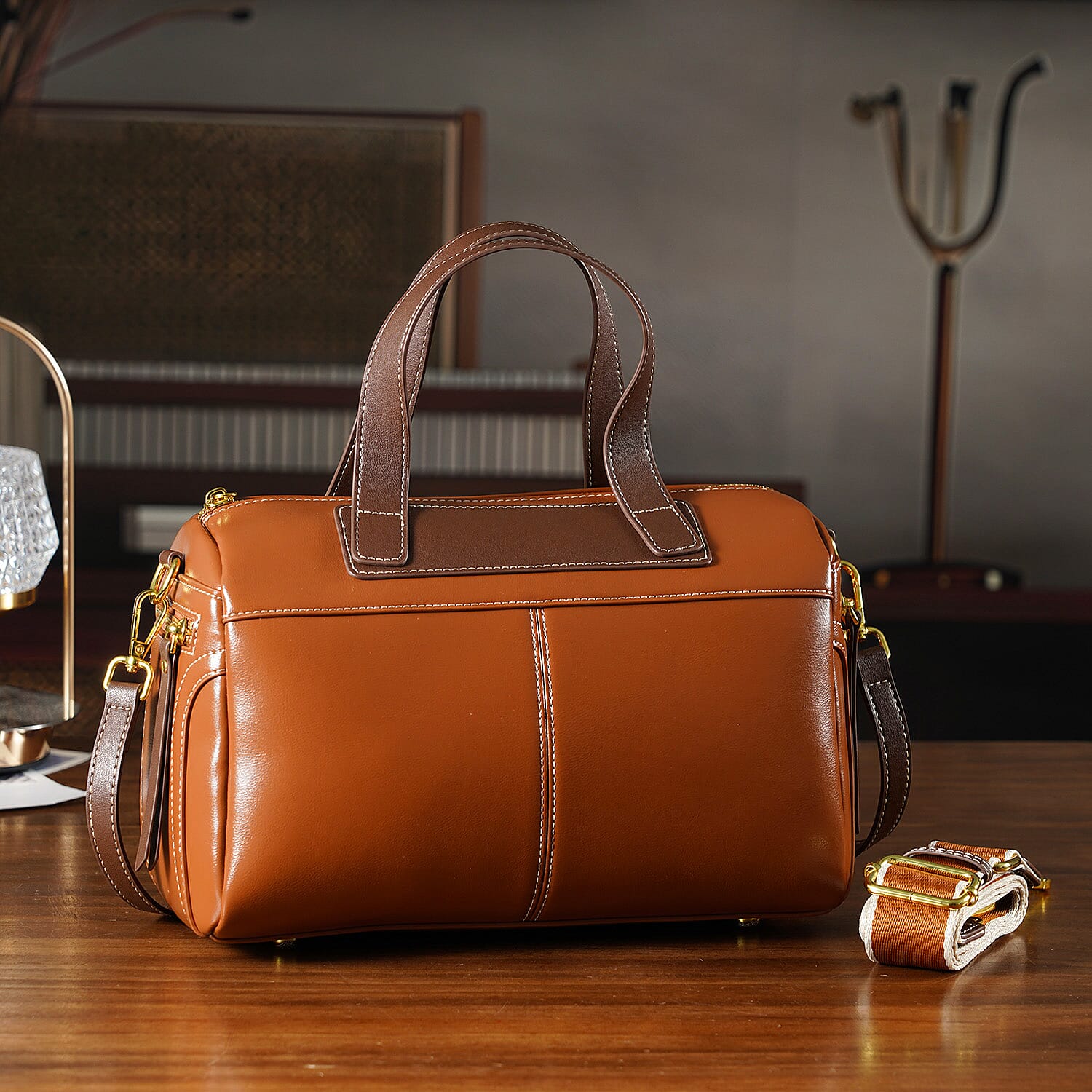 CLOSE OUT DEAL - 100% Genuine Leather Crossbody Bag with 2 Long Shoulder Straps - Tan