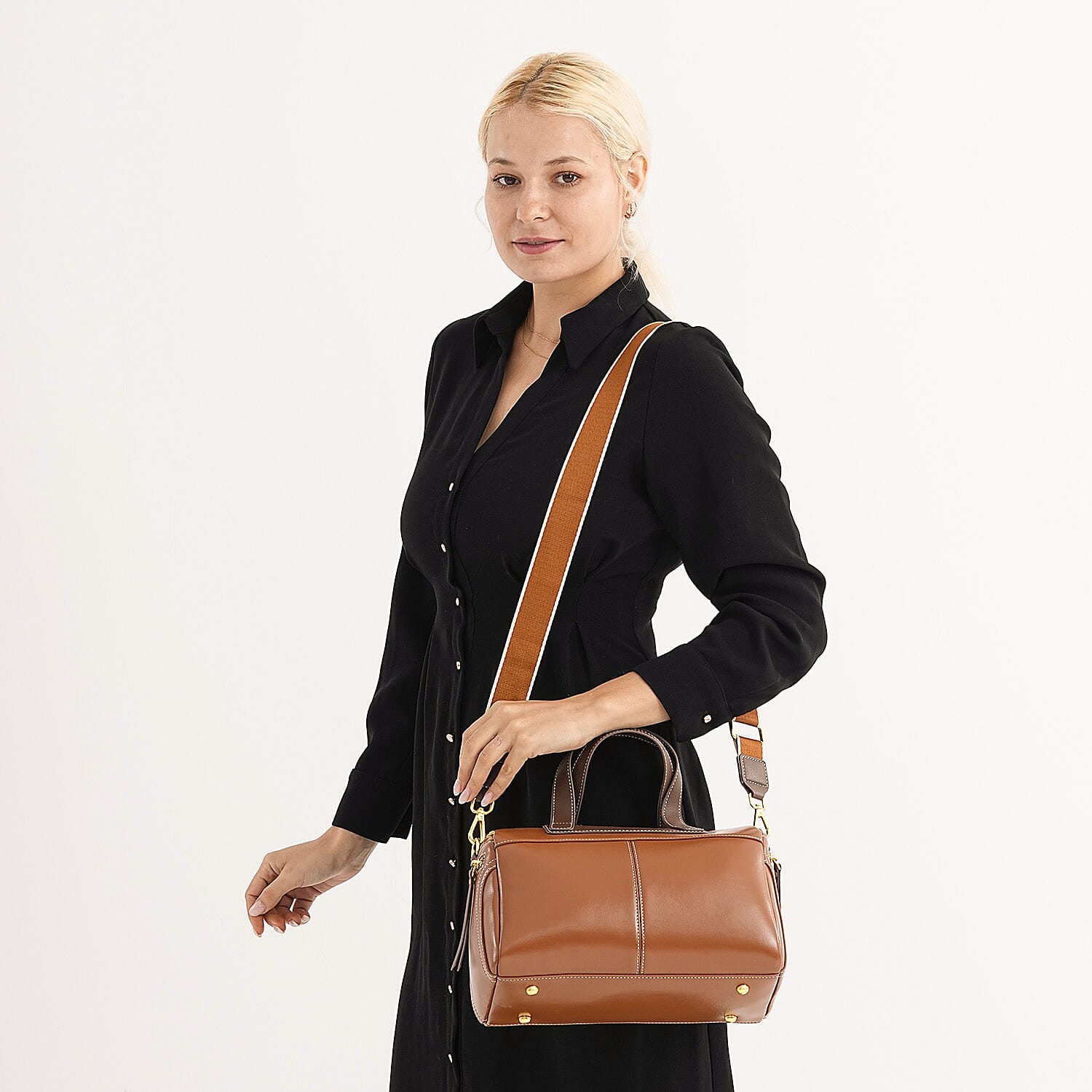 CLOSE OUT DEAL - 100% Genuine Leather Crossbody Bag with 2 Long Shoulder Straps - Tan