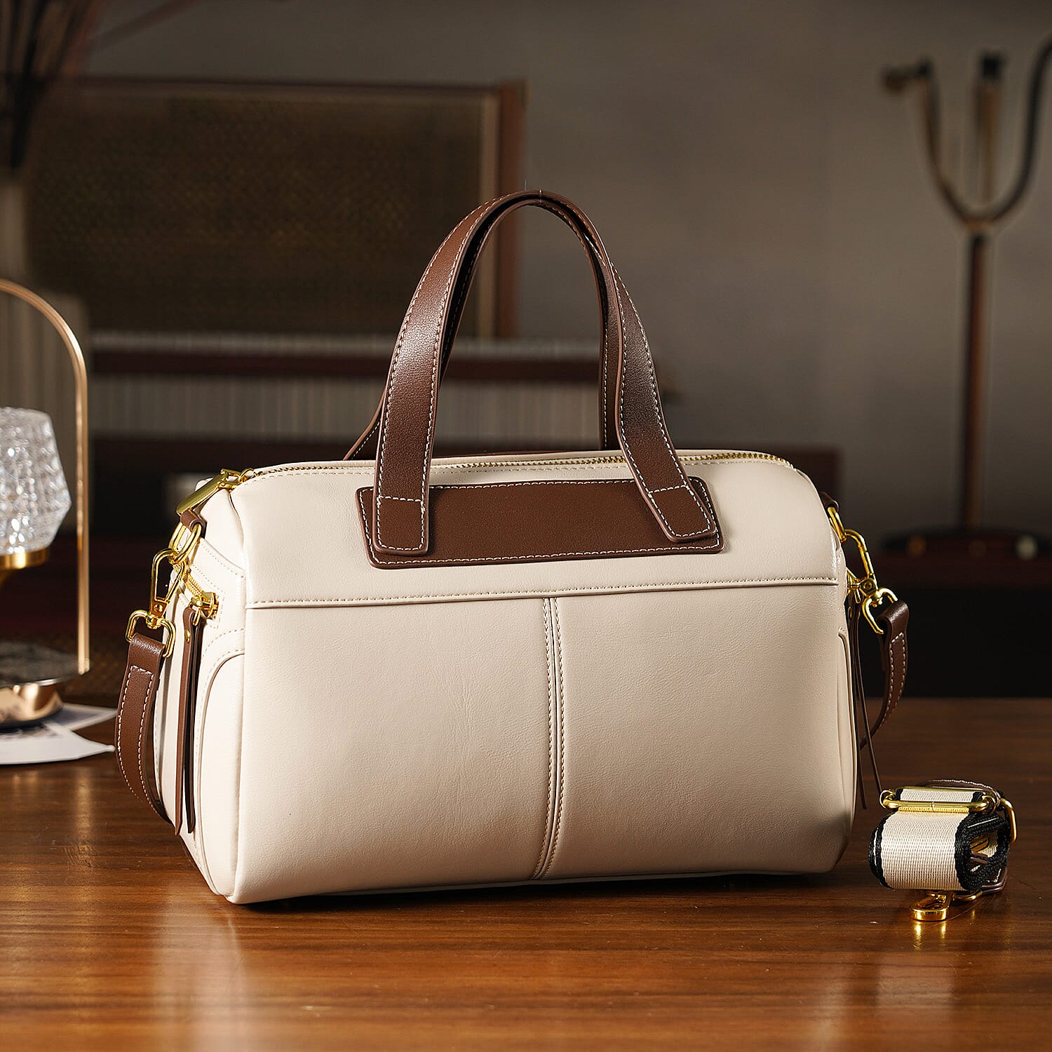 CLOSE OUT DEAL - 100% Genuine Leather Crossbody Bag with 2 Long Shoulder Straps - Off White