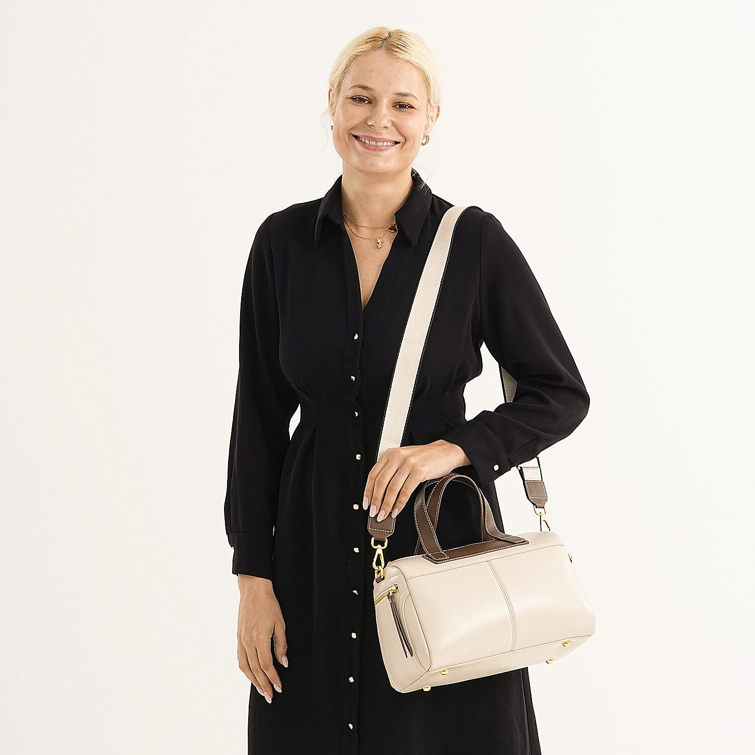 CLOSE OUT DEAL - 100% Genuine Leather Crossbody Bag with 2 Long Shoulder Straps - Off White