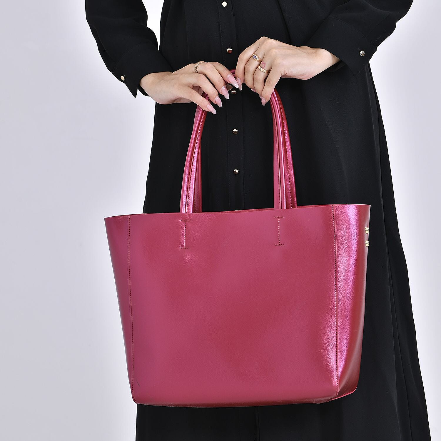 Genuine Leather Tote Bag with Detachable Zipped Lining - Metallic Red