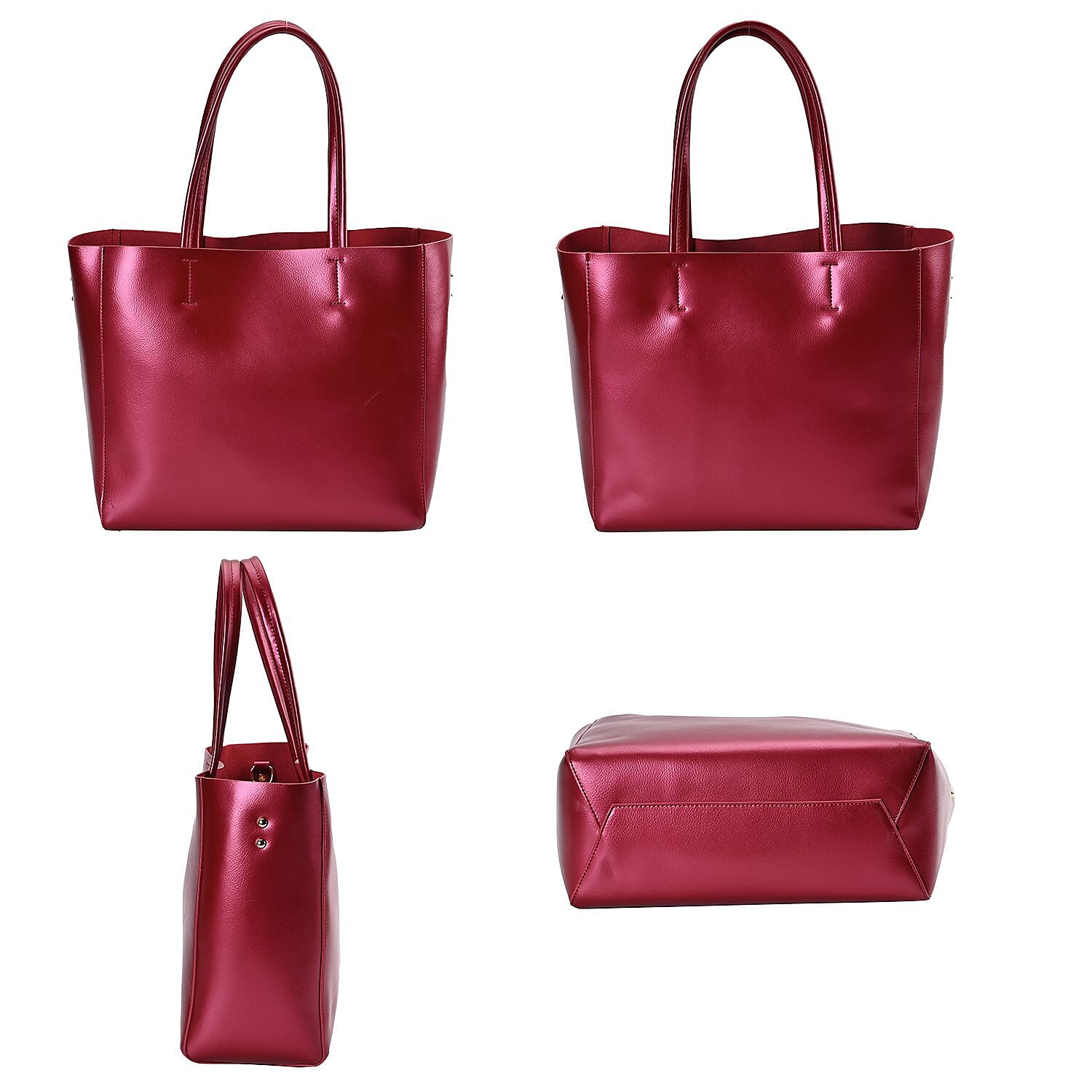 Genuine Leather Tote Bag with Detachable Zipped Lining - Metallic Red