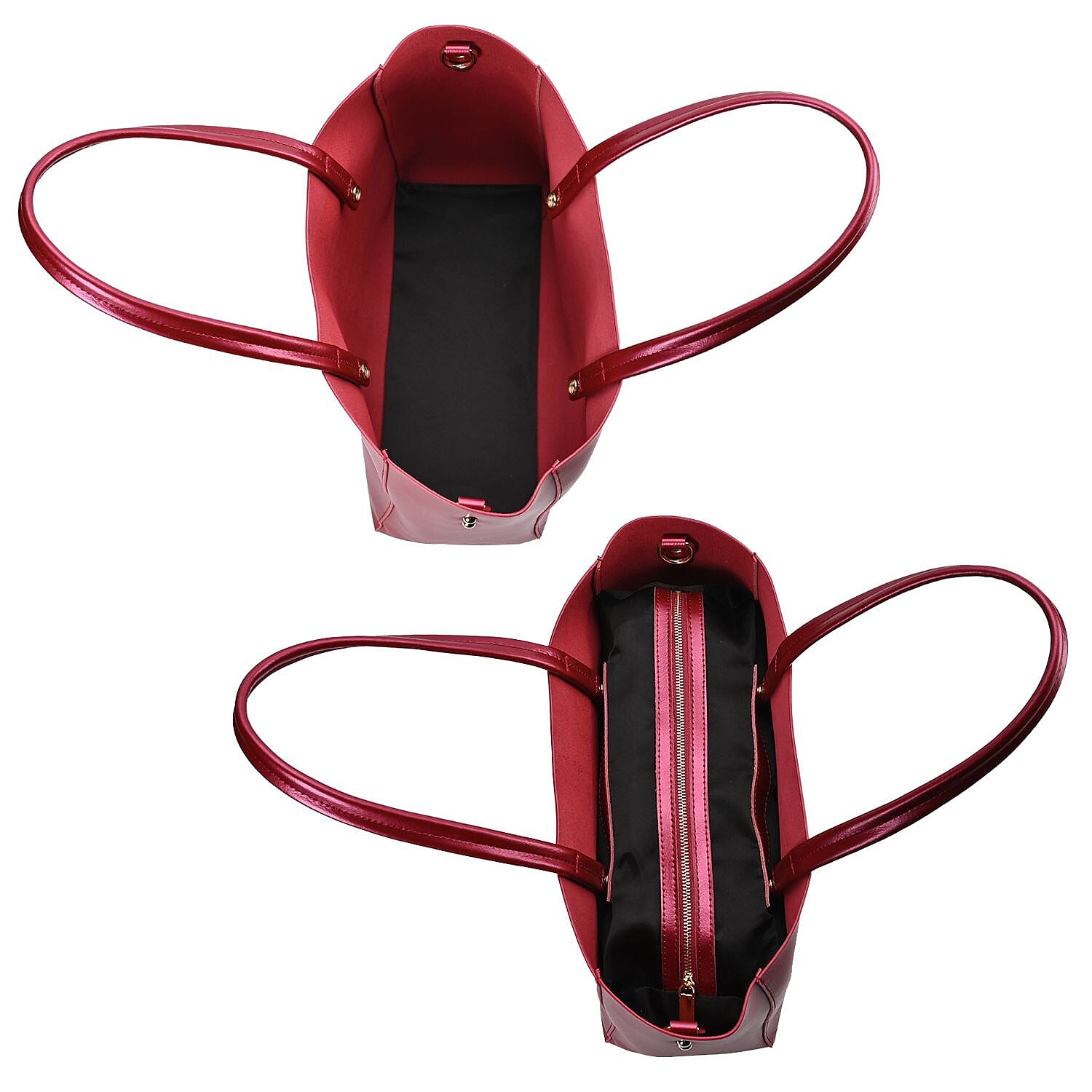 Genuine Leather Tote Bag with Detachable Zipped Lining - Metallic Red