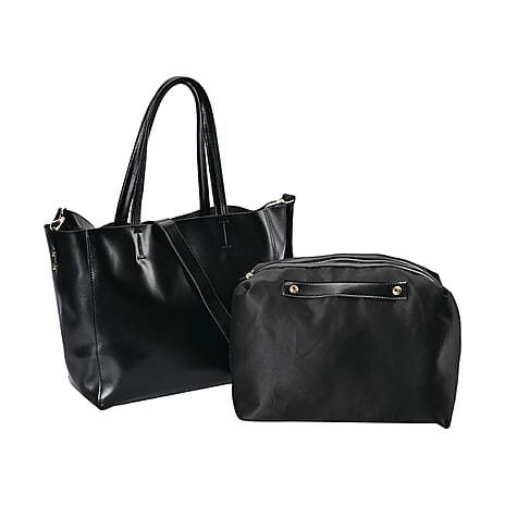 Hong Kong Closeout Genuine Leather 2- in-1 Tote Bag with Detachable Zipped Lining - Metallic Black