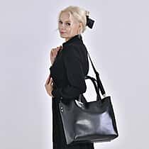 Hong Kong Closeout Genuine Leather 2- in-1 Tote Bag with Detachable Zipped Lining - Metallic Black