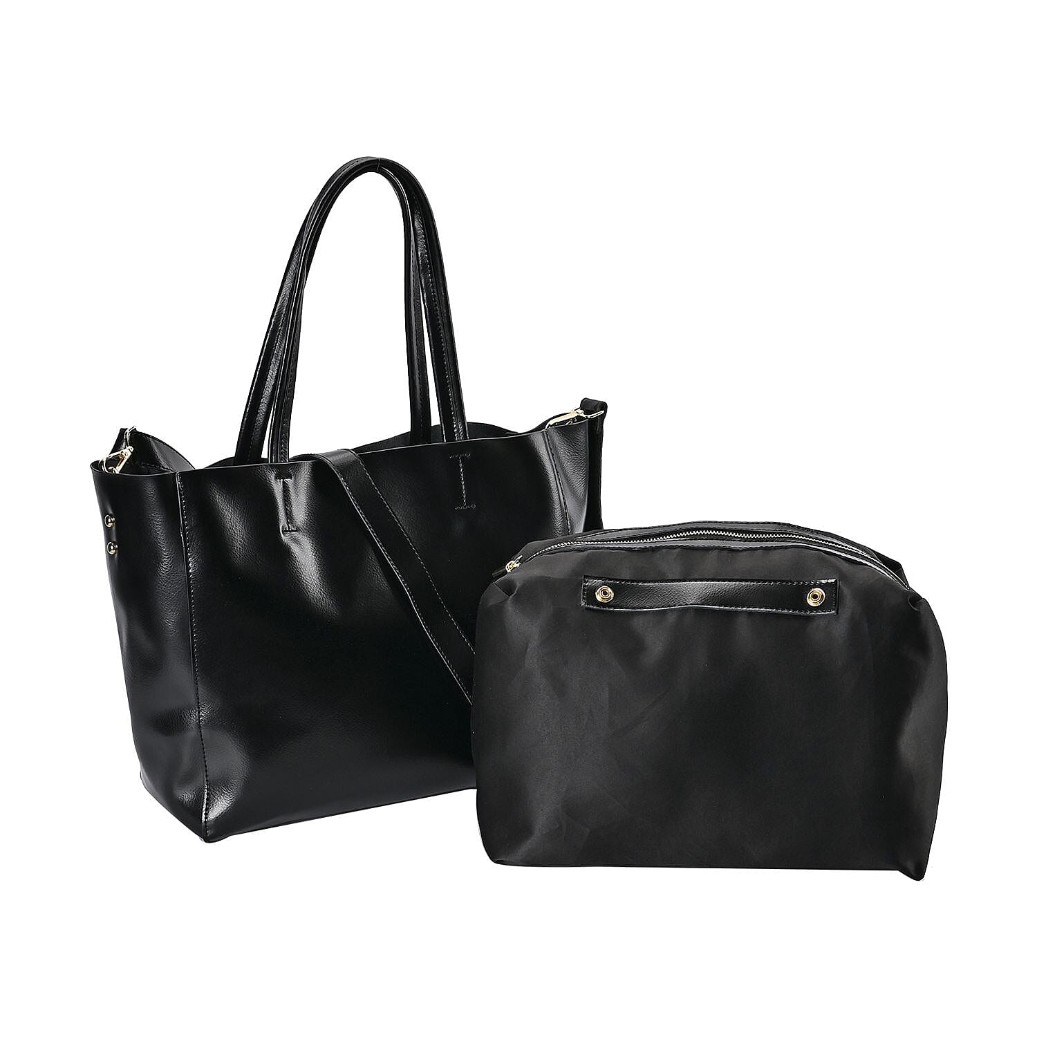Hong Kong Closeout Genuine Leather 2- in-1 Tote Bag with Detachable Zipped Lining - Metallic Black