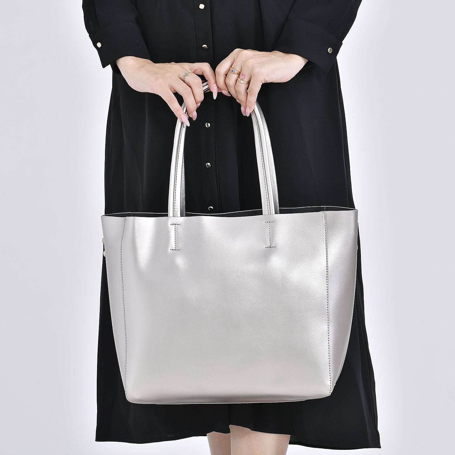 Genuine Leather Tote Bag with Detachable Zipped Lining - Metallic Silver