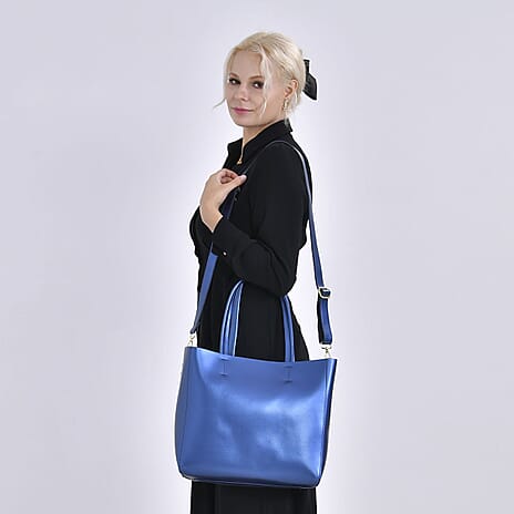 Hong Kong Closeout Genuine Leather 2- in-1 Tote Bag with Detachable Zipped Lining - Metallic Blue
