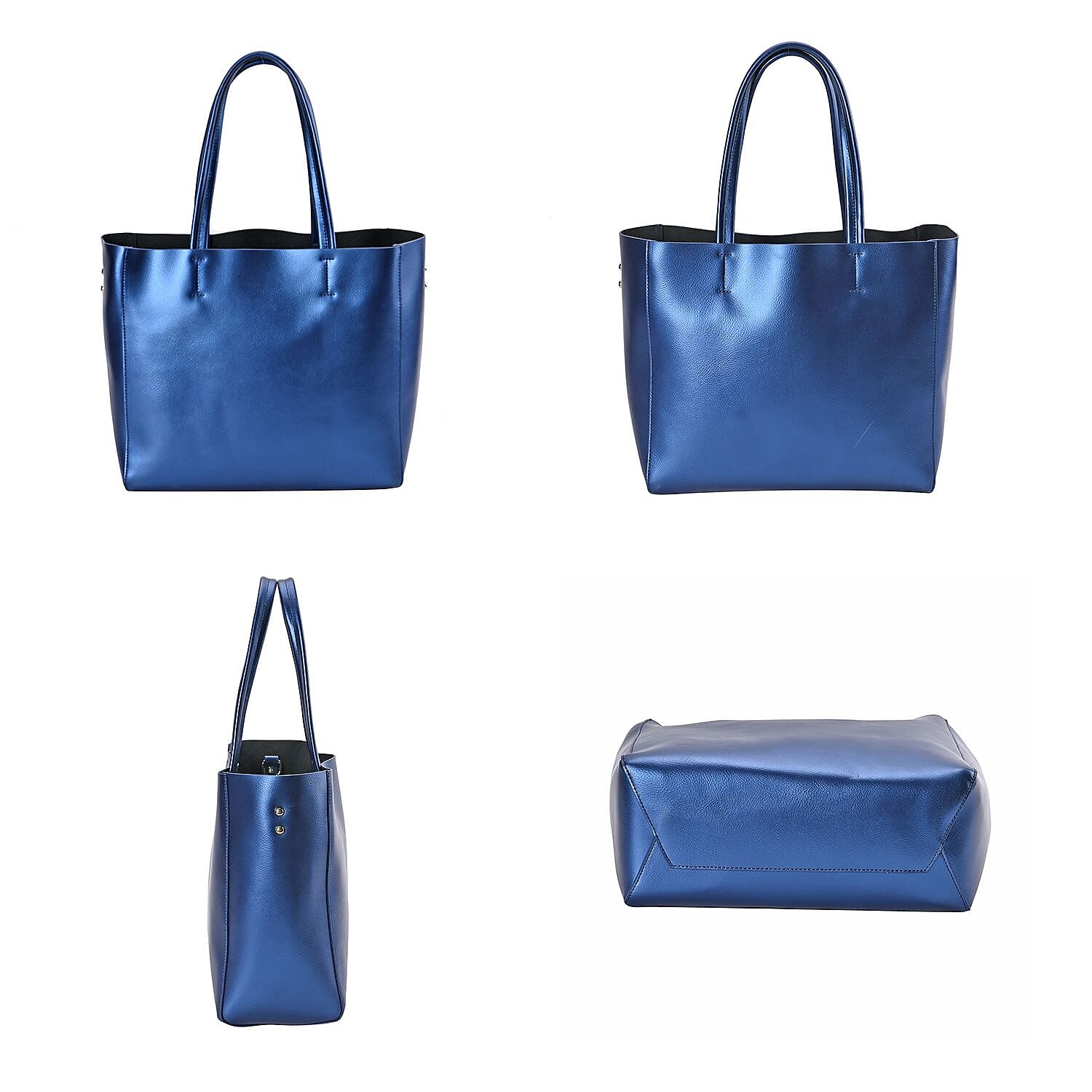 Genuine Leather Tote Bag with Detachable Zipped Lining - Metallic Blue