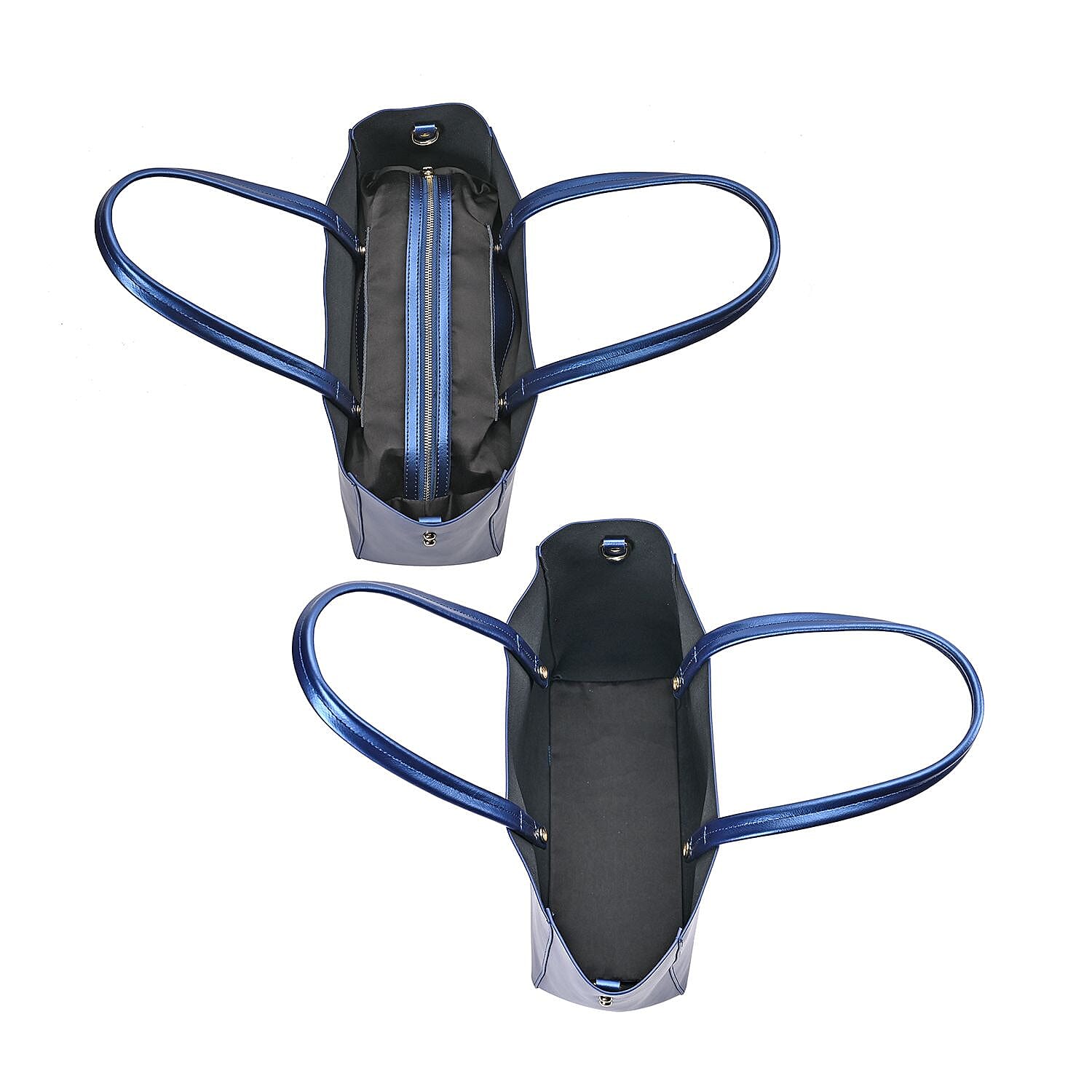 Genuine Leather Tote Bag with Detachable Zipped Lining - Metallic Blue