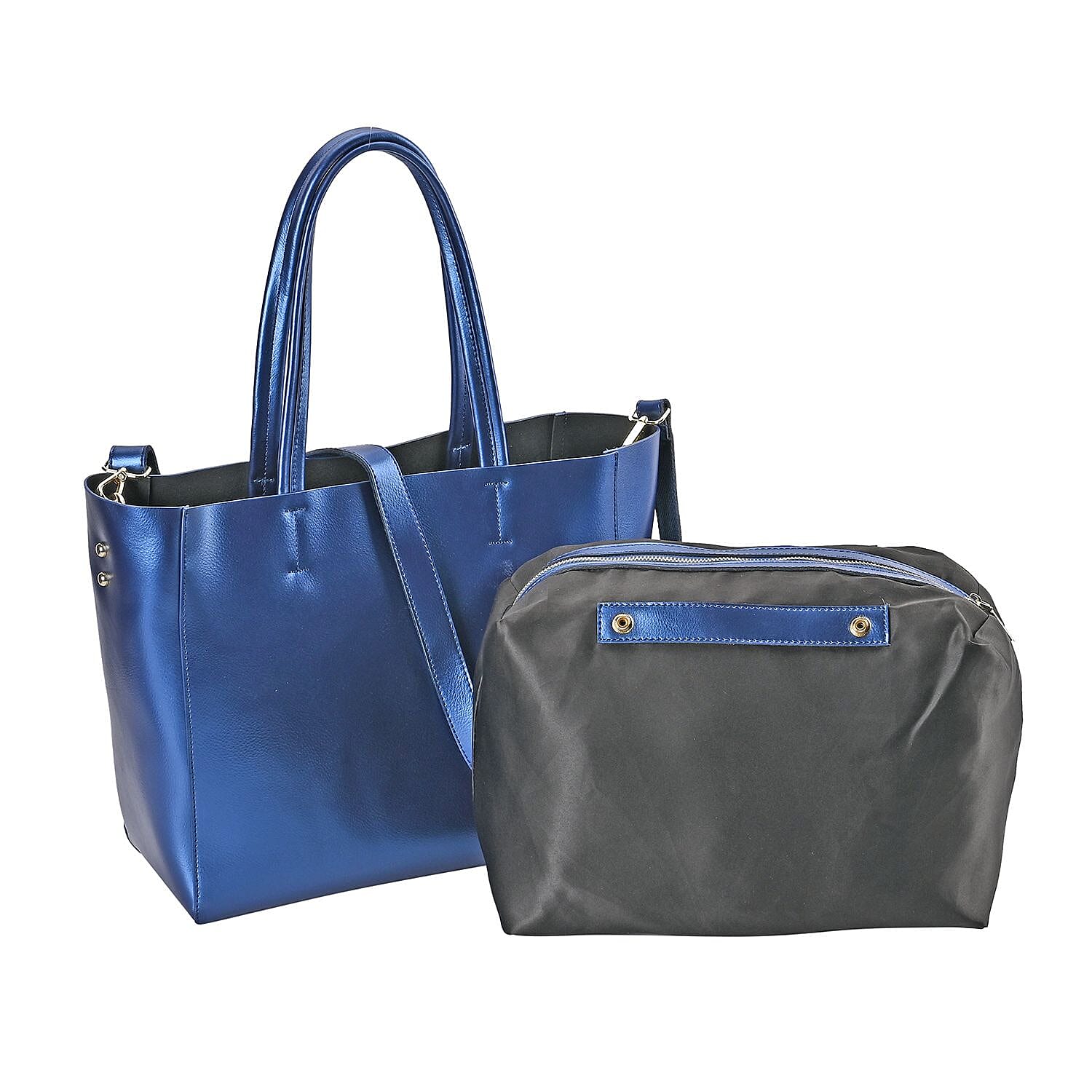 Hong Kong Closeout Genuine Leather 2- in-1 Tote Bag with Detachable Zipped Lining - Metallic Blue