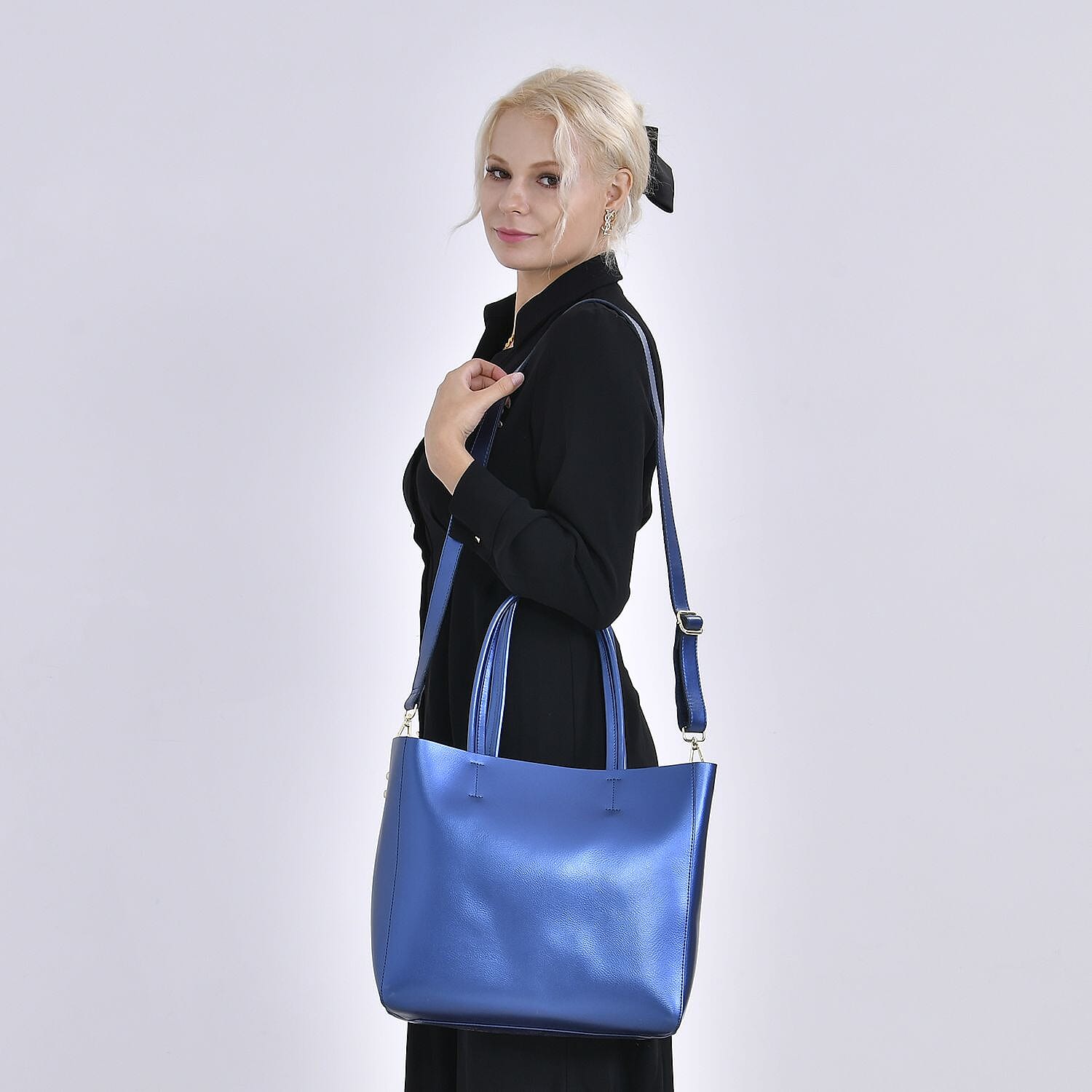 Hong Kong Closeout Genuine Leather 2- in-1 Tote Bag with Detachable Zipped Lining - Metallic Blue