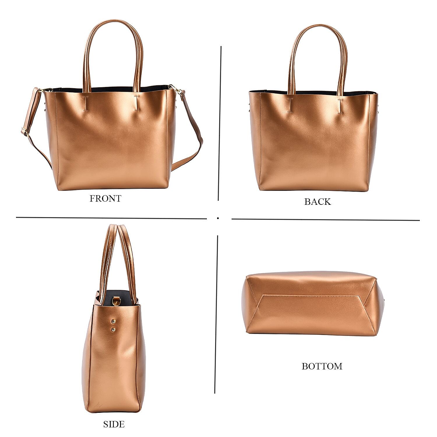 Genuine Leather Tote Bag with Detachable Zipped Lining - Metallic Gold