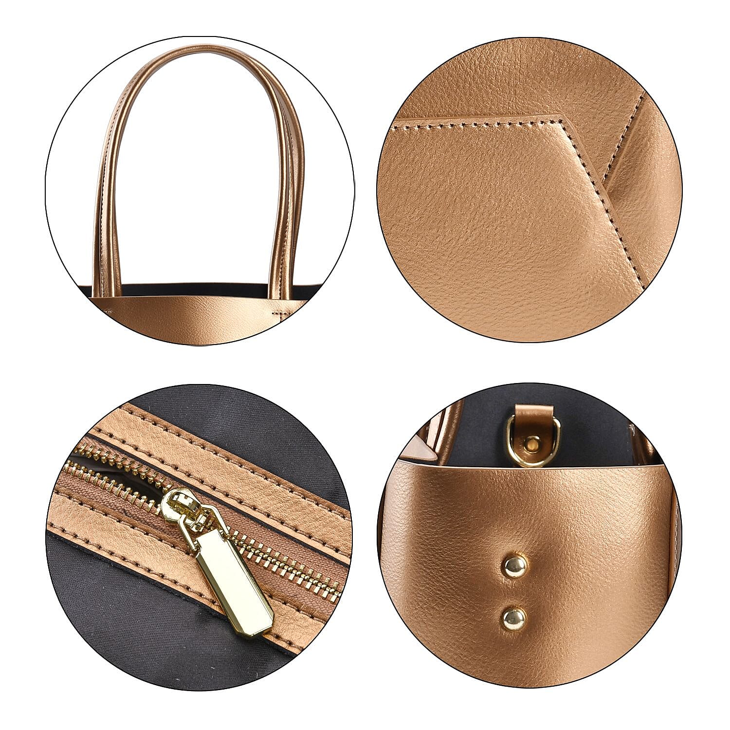 Genuine Leather Tote Bag with Detachable Zipped Lining - Metallic Gold