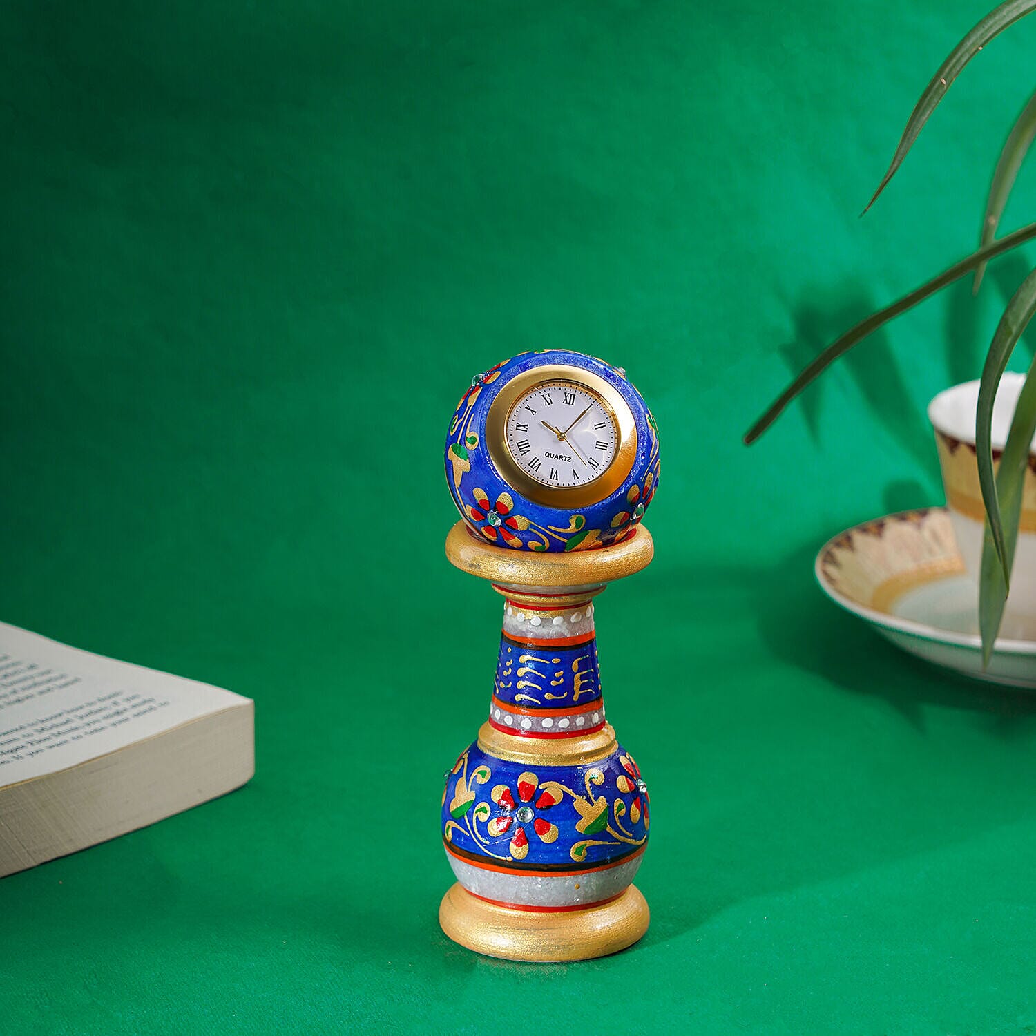 Handcrafted Ethnic Design Marble Table Clock (Size 15x5 Cm) - Blue