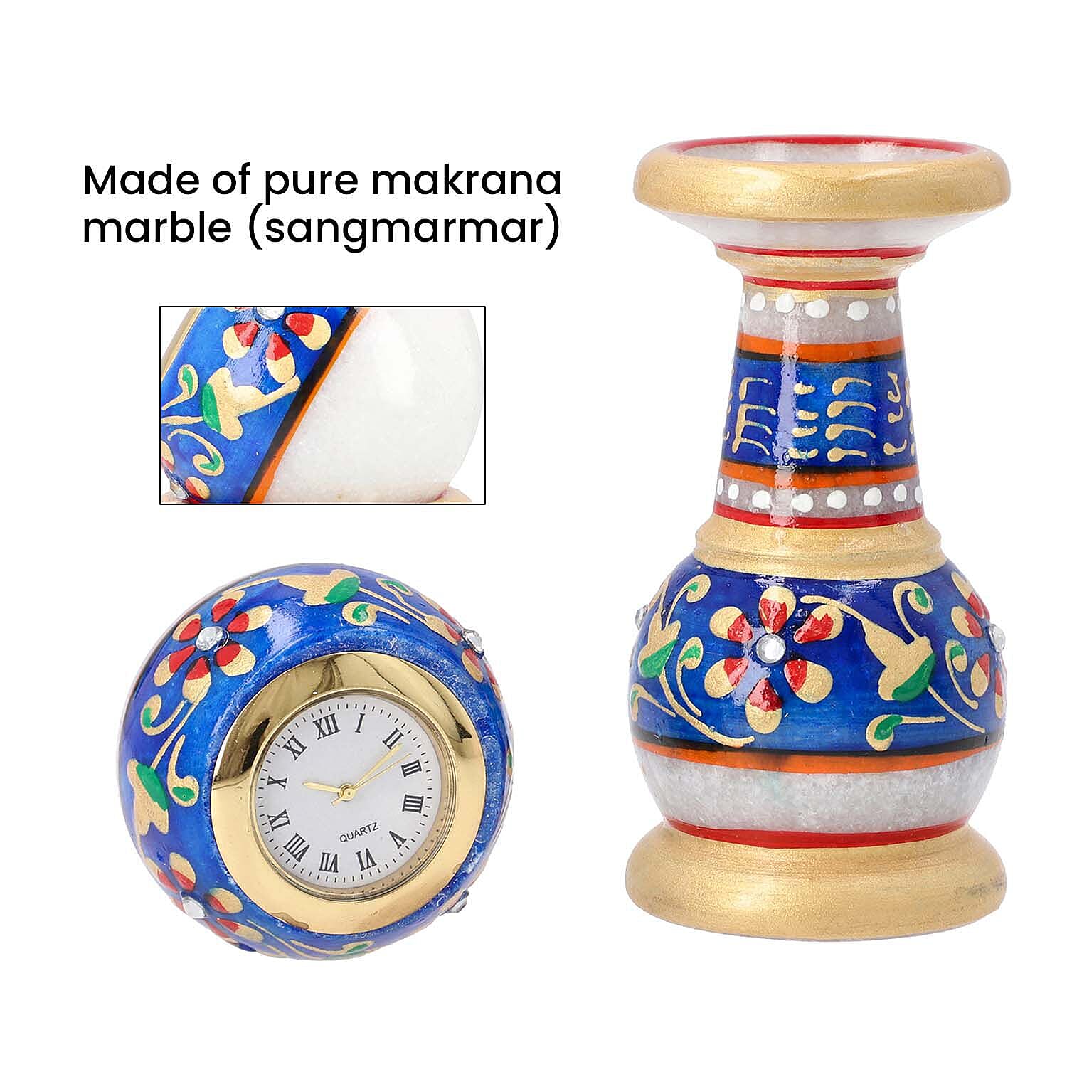 Handcrafted Ethnic Design Marble Table Clock (Size 15x5 Cm) - Blue