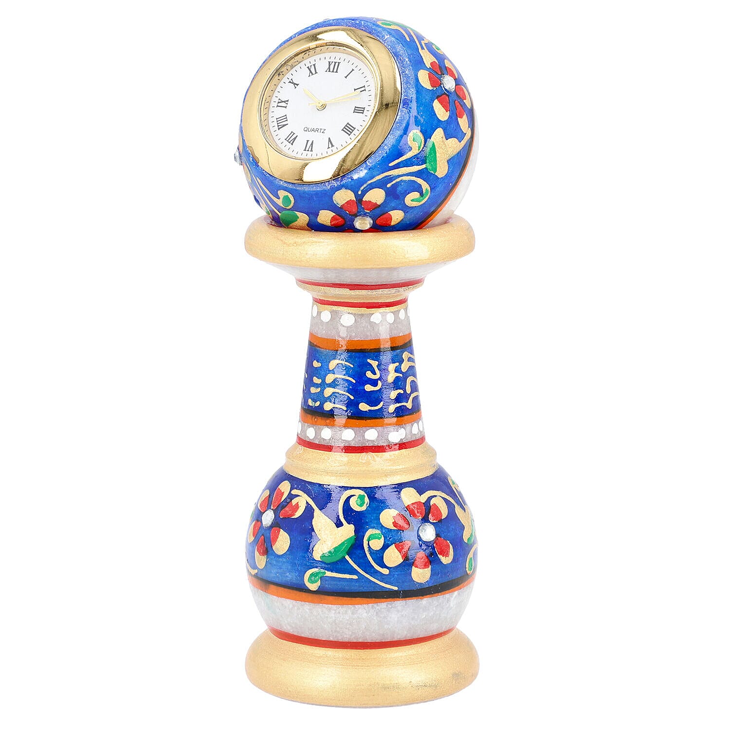 Handcrafted Ethnic Design Marble Table Clock (Size 15x5 Cm) - Blue