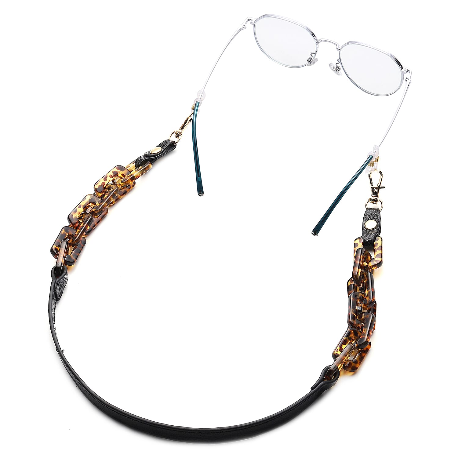 2 in 1 - 100% Genuine Leather Glasses Strap with Leopard Print  - Black