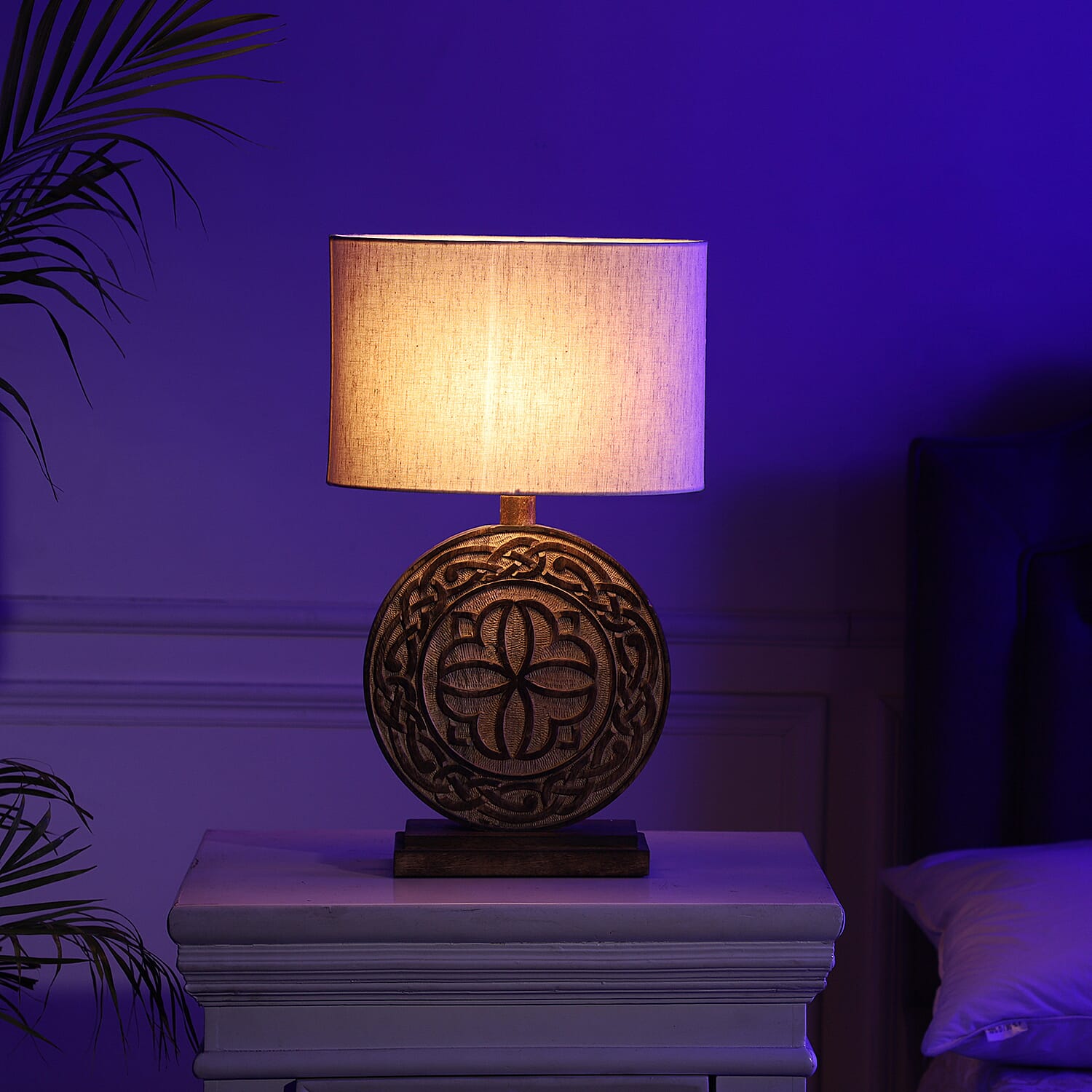 Nakkash Hand Carved Celtic Mango Wood Lamp with Linen Lamp Shade (Size 30x20x51 cm) - Round