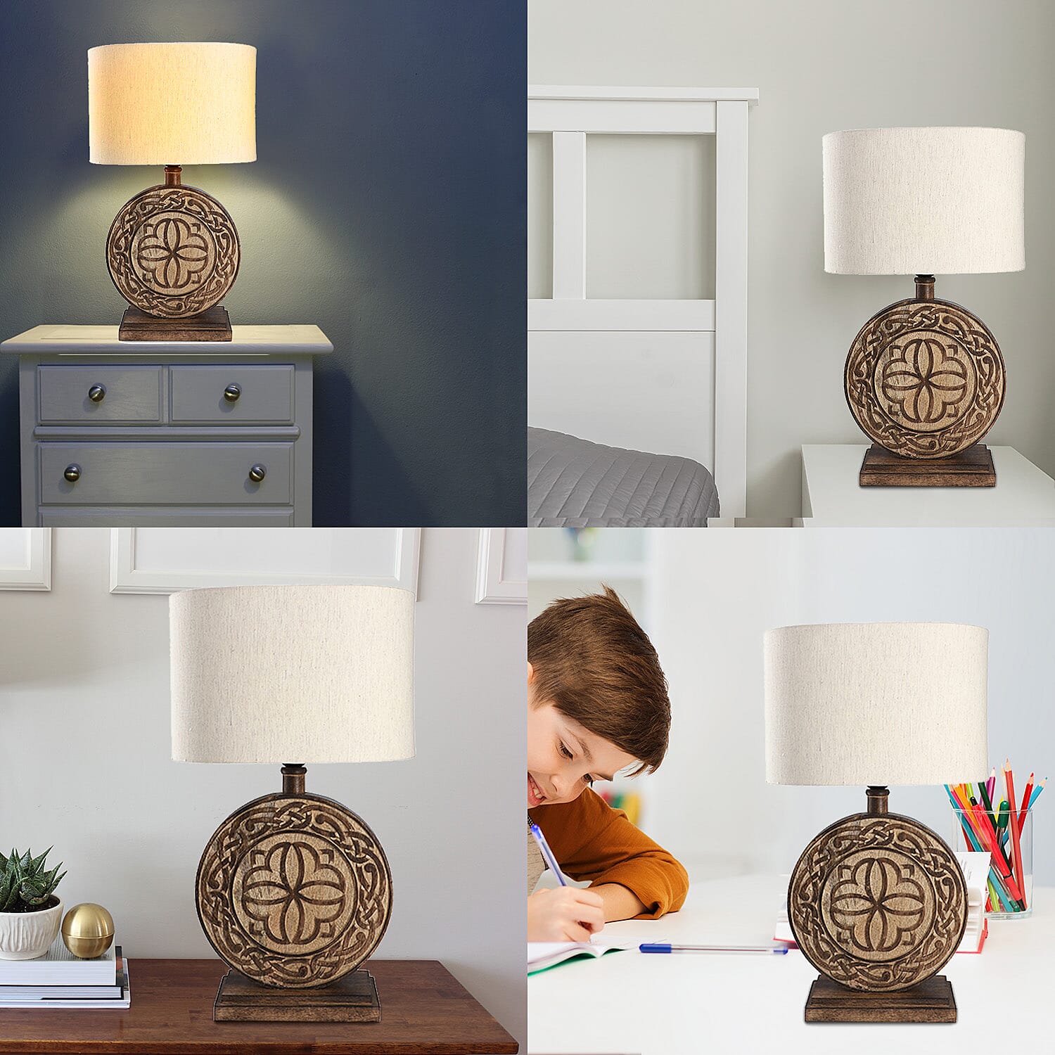 Nakkash Hand Carved Celtic Mango Wood Lamp with Linen Lamp Shade (Size 30x20x51 cm) - Round