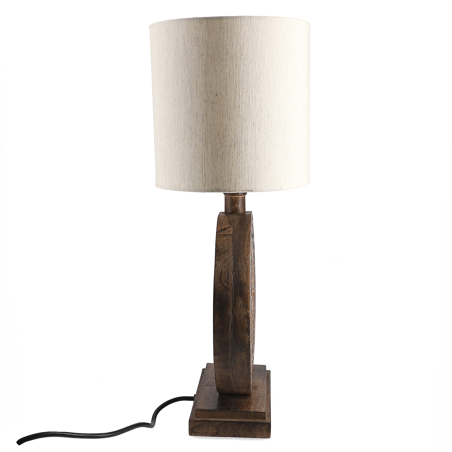 Nakkash Hand Carved Celtic Mango Wood Lamp with Linen Lamp Shade (Size 30x20x51 cm) - Round