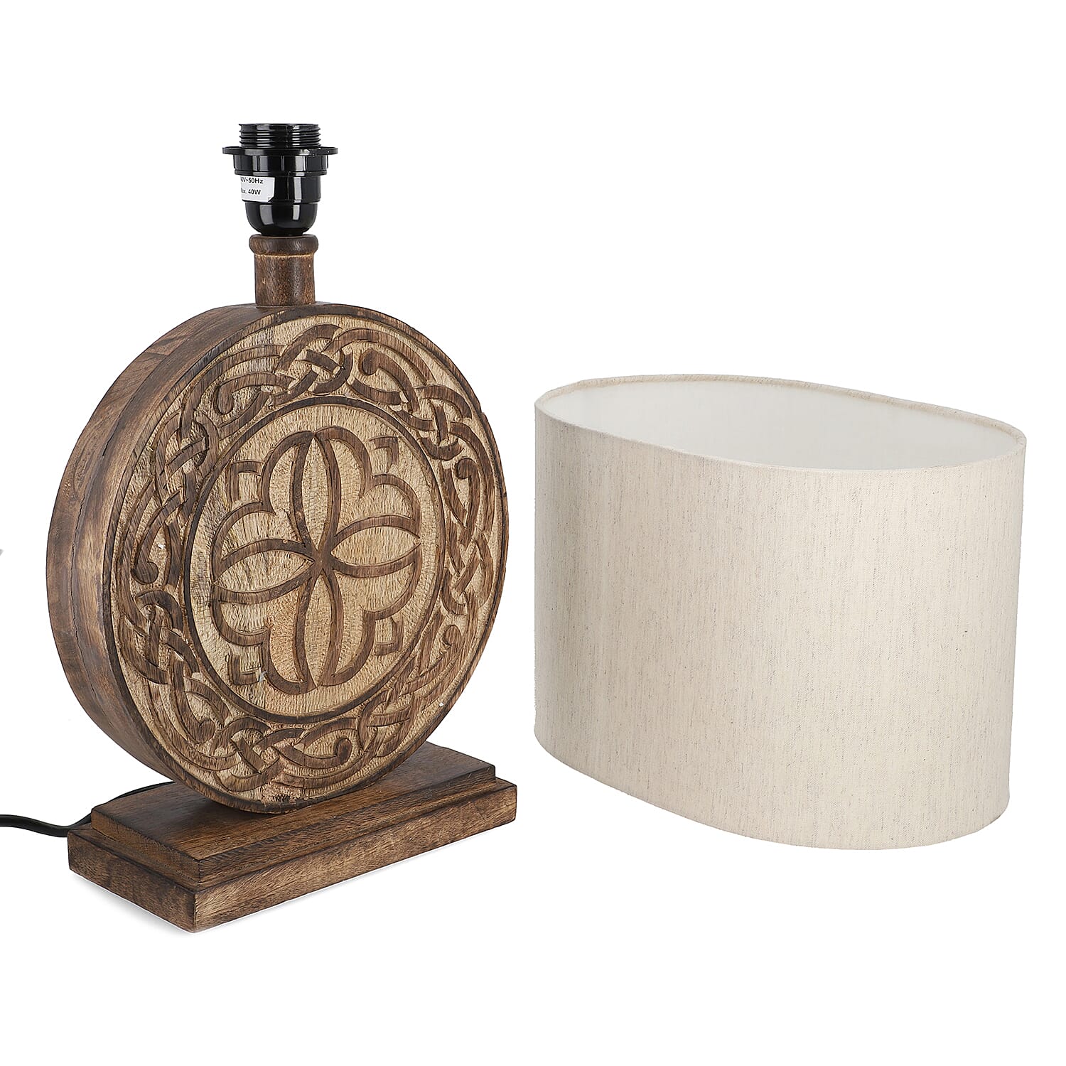 Nakkash Hand Carved Celtic Mango Wood Lamp with Linen Lamp Shade (Size 30x20x51 cm) - Round