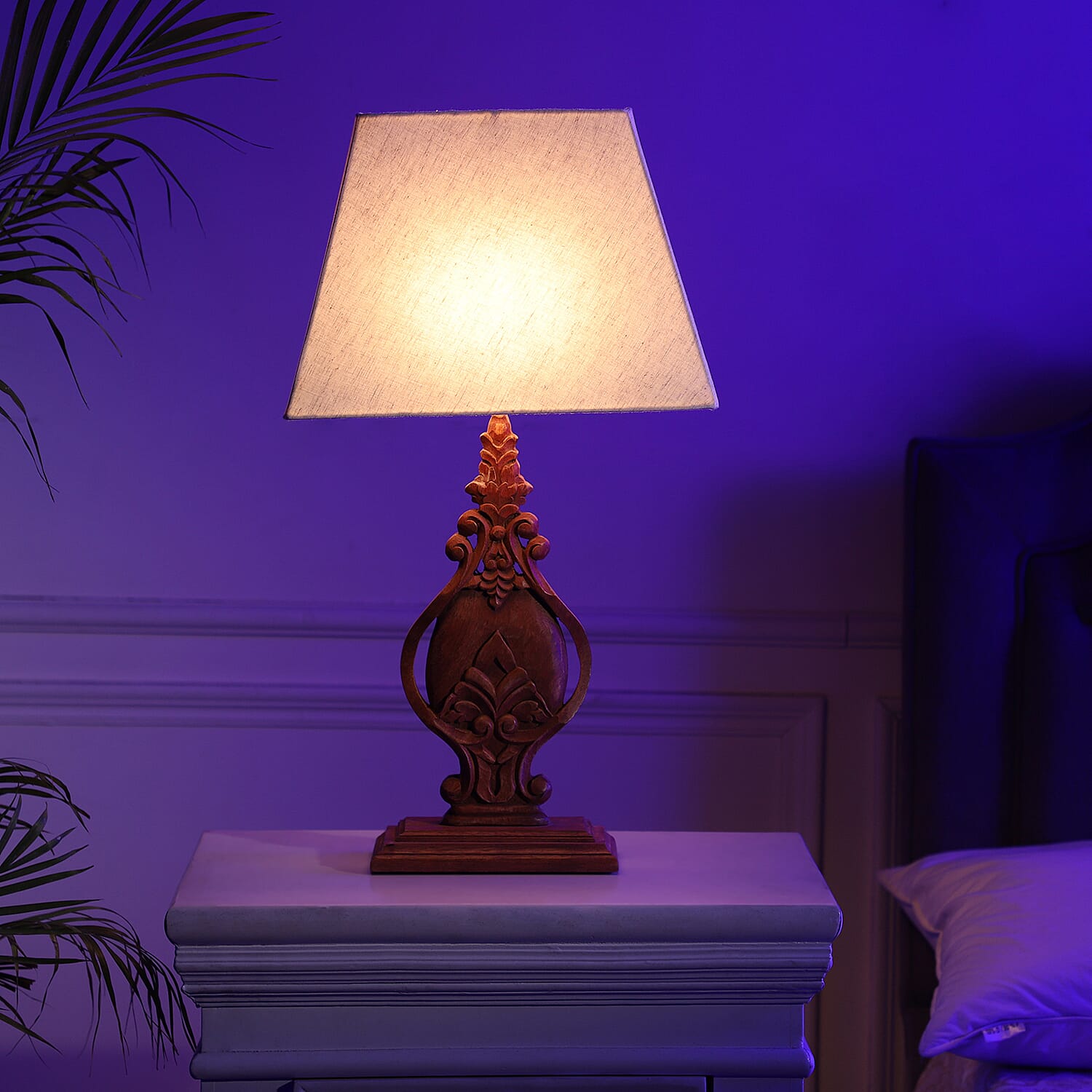 Nakkash Hand Carved Antique Style Mango Wood Lamp with Linen Lamp Shade (Size 35x22x51 cm) - Tan