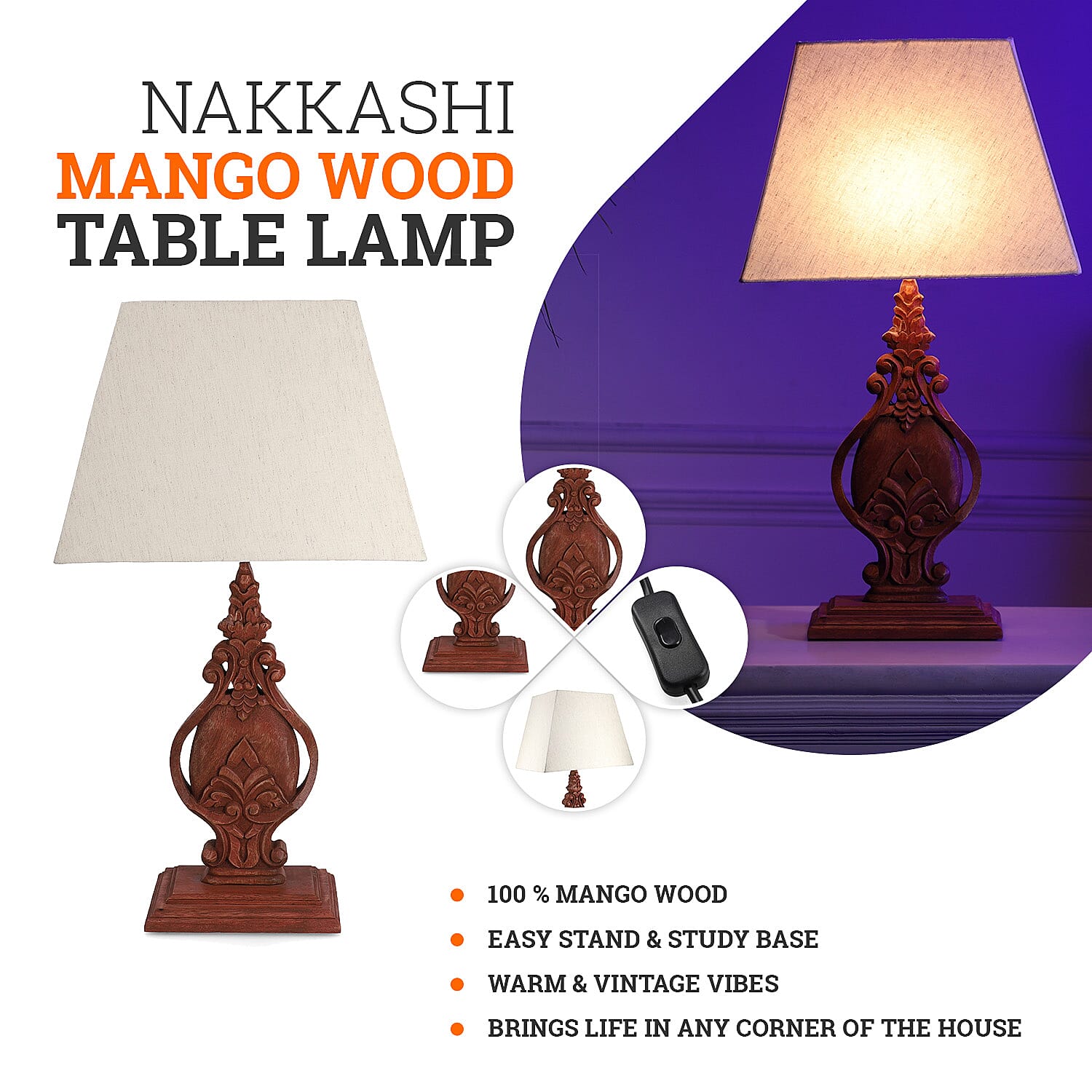 Nakkash Hand Carved Antique Style Mango Wood Lamp with Linen Lamp Shade (Size 35x22x51 cm) - Tan
