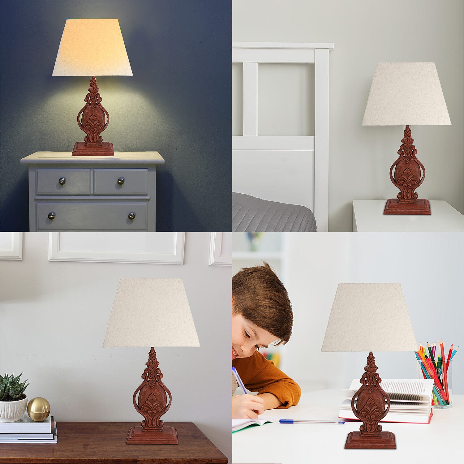 Nakkash Hand Carved Antique Style Mango Wood Lamp with Linen Lamp Shade (Size 35x22x51 cm) - Tan