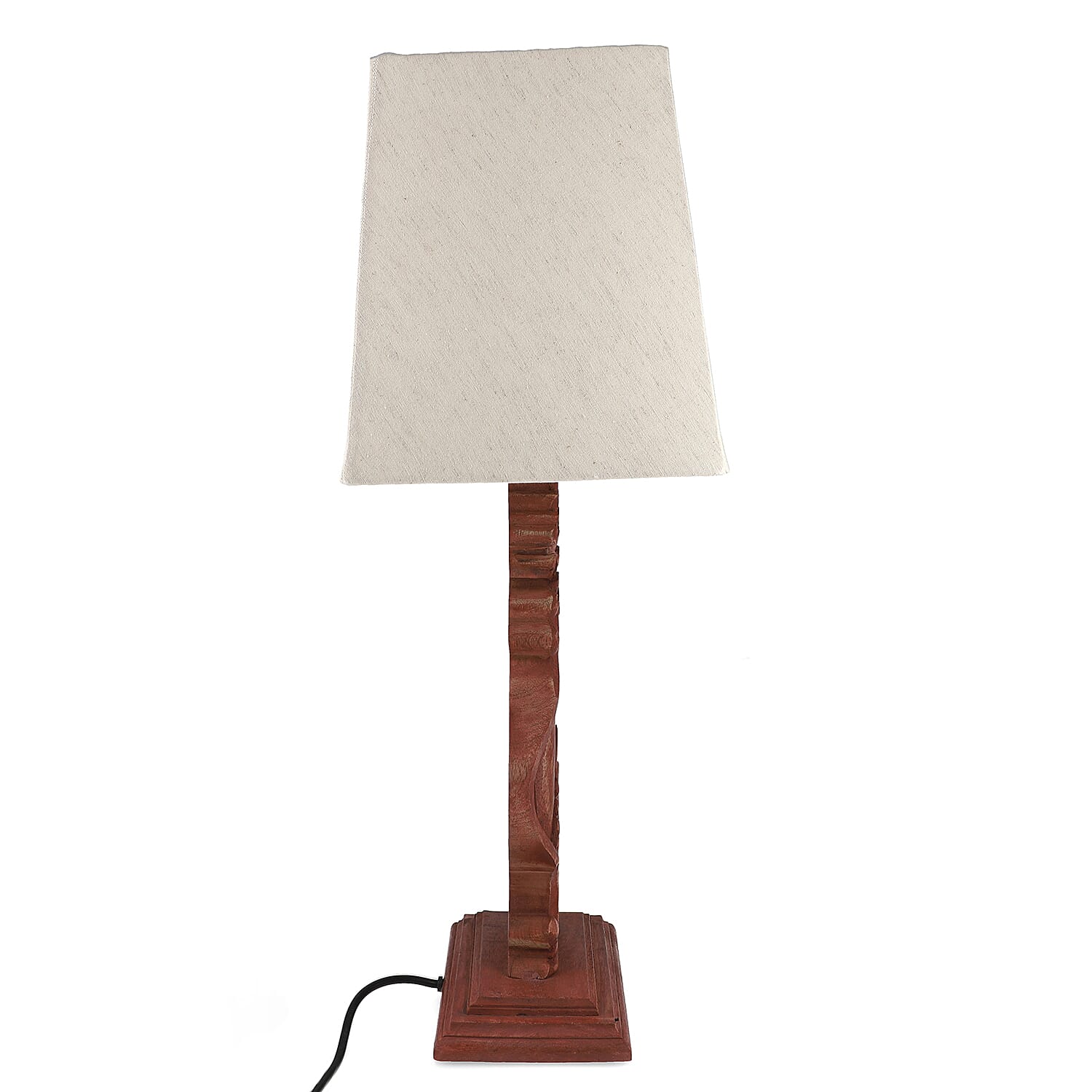 Nakkash Hand Carved Antique Style Mango Wood Lamp with Linen Lamp Shade (Size 35x22x51 cm) - Tan