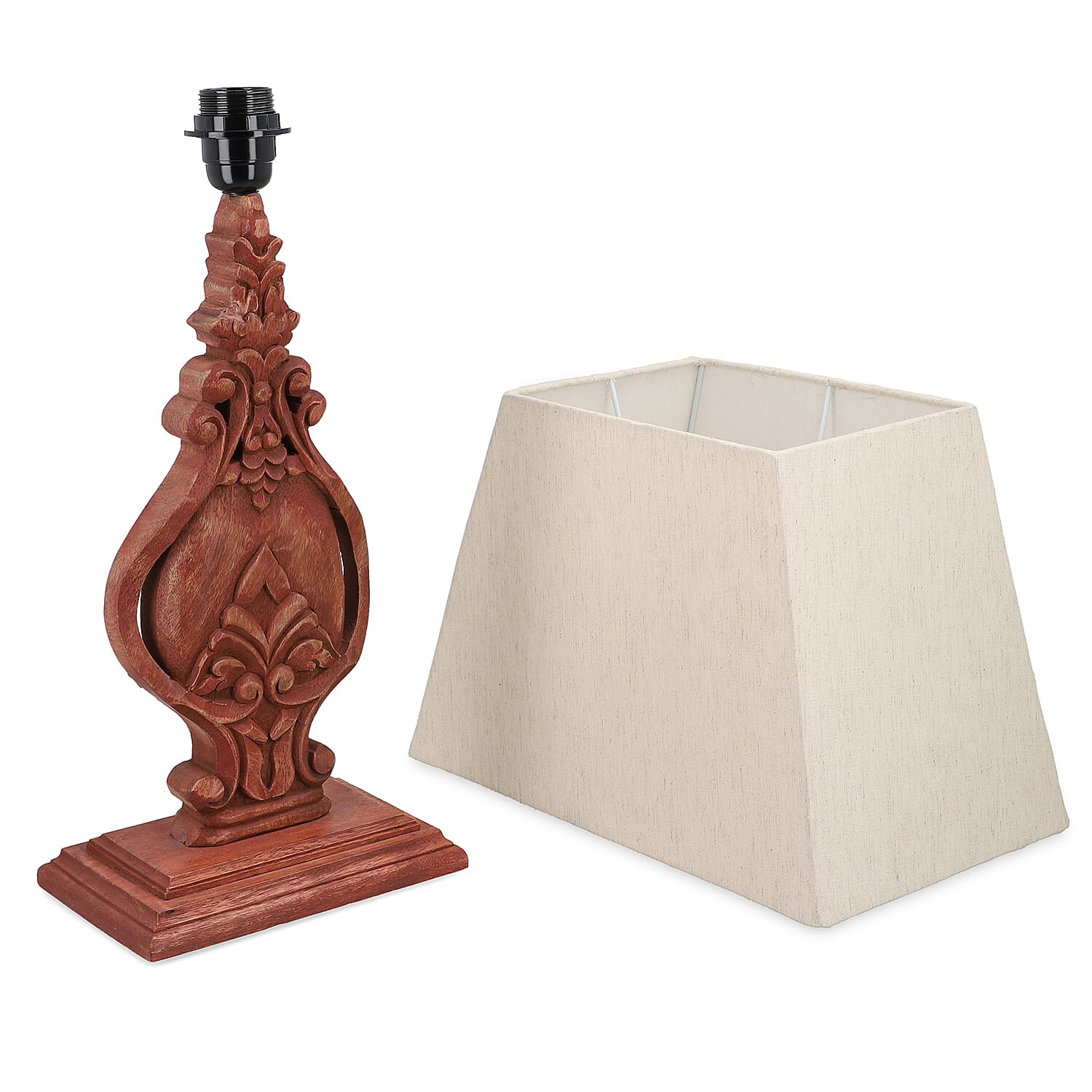 Nakkash Hand Carved Antique Style Mango Wood Lamp with Linen Lamp Shade (Size 35x22x51 cm) - Tan