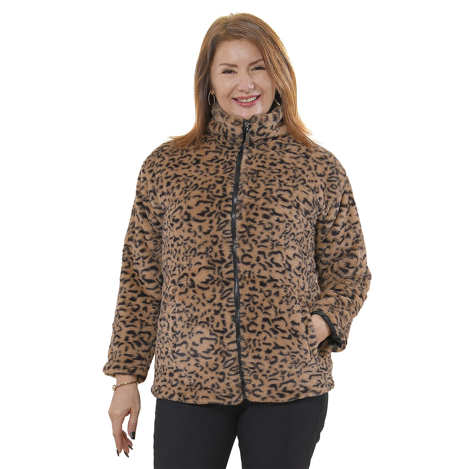 TAMSY Leopard Pattern Faux Fur Coat (Size L)  - Brown