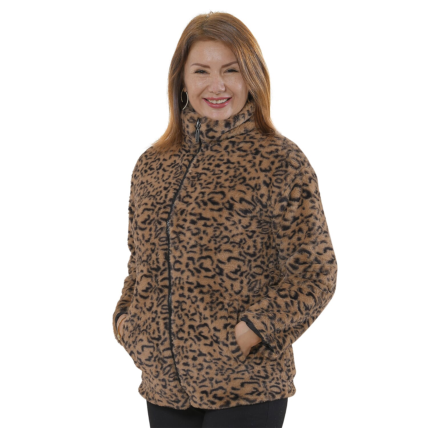 TAMSY Leopard Pattern Faux Fur Coat (Size L)  - Brown